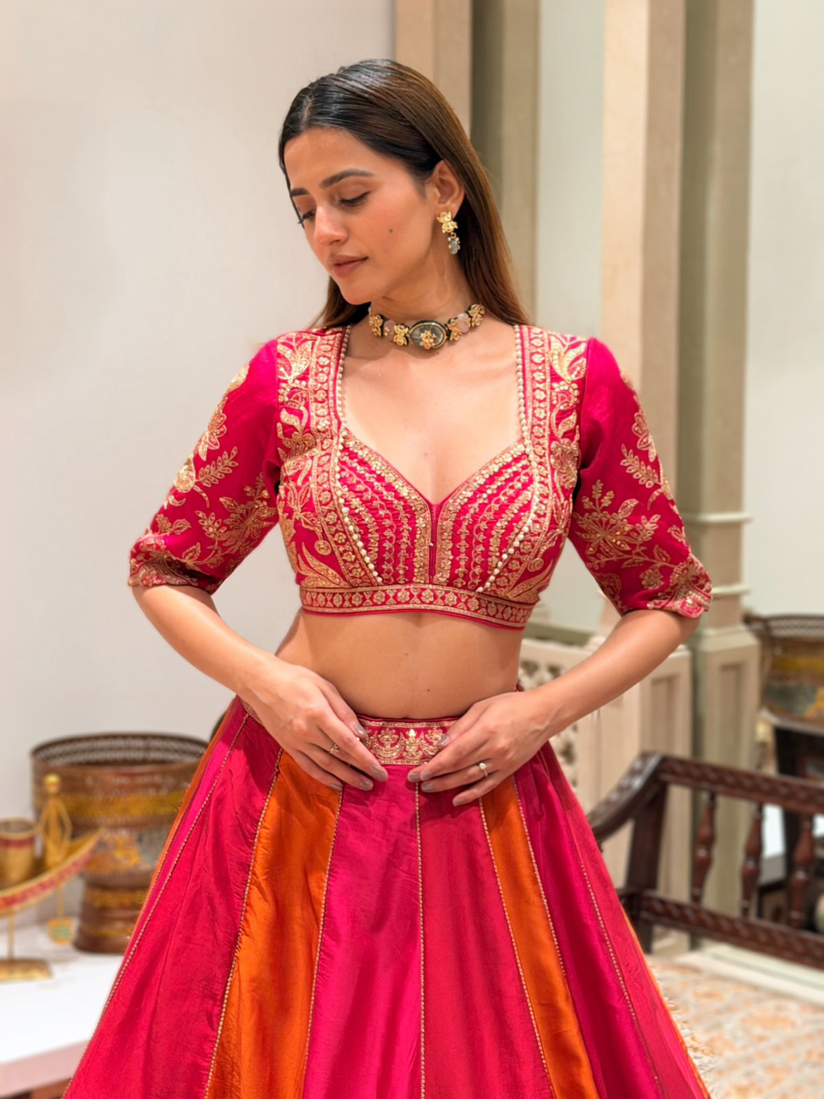 Vibrant Rani Pink & Orange Silk Lehenga with Kali Patchwork & Zari Sippy Work