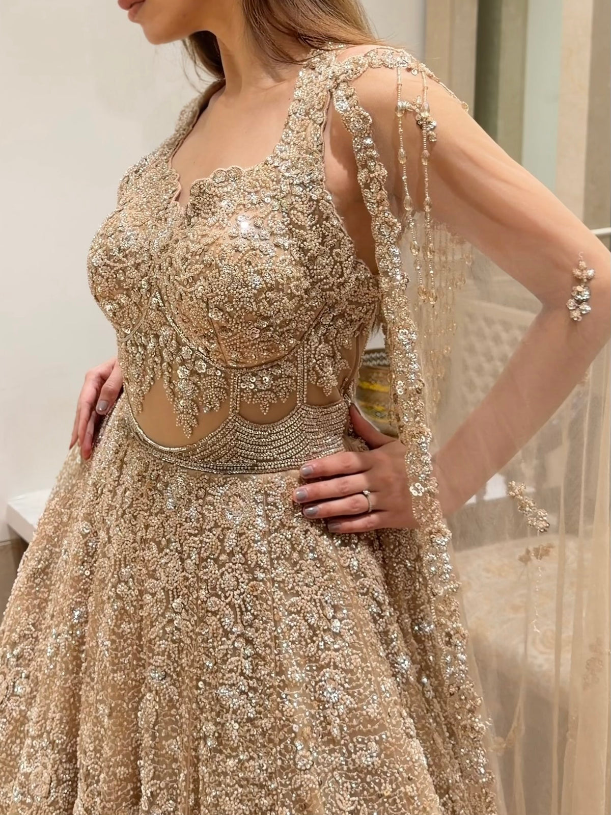 Champagne Gold Net Corset Gown with Cape Sleeves & Cutdana Sippy Work