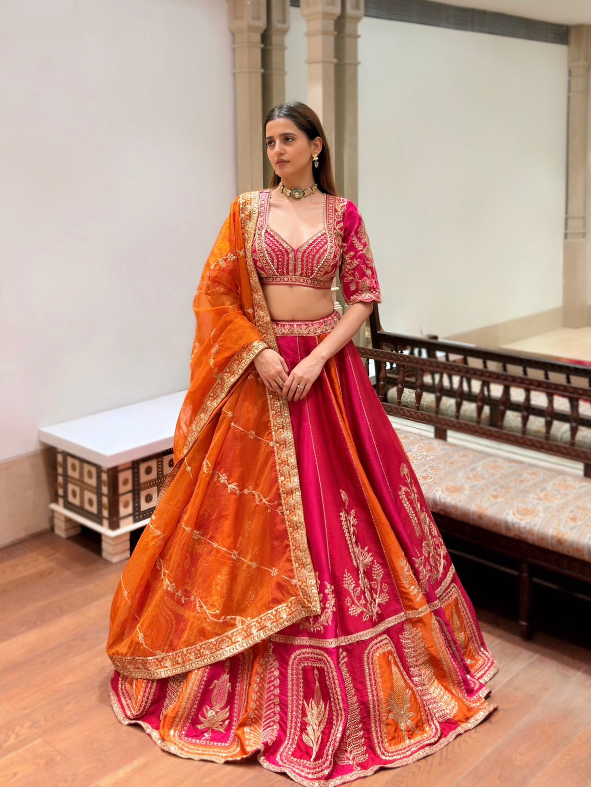 Vibrant Rani Pink & Orange Silk Lehenga with Kali Patchwork & Zari Sippy Work