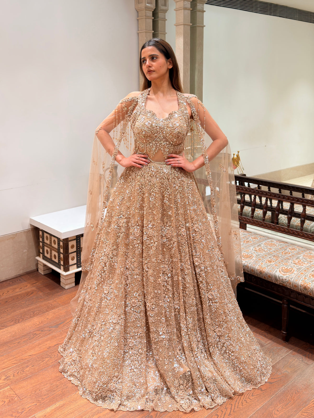 Champagne Gold Net Corset Gown with Cape Sleeves & Cutdana Sippy Work