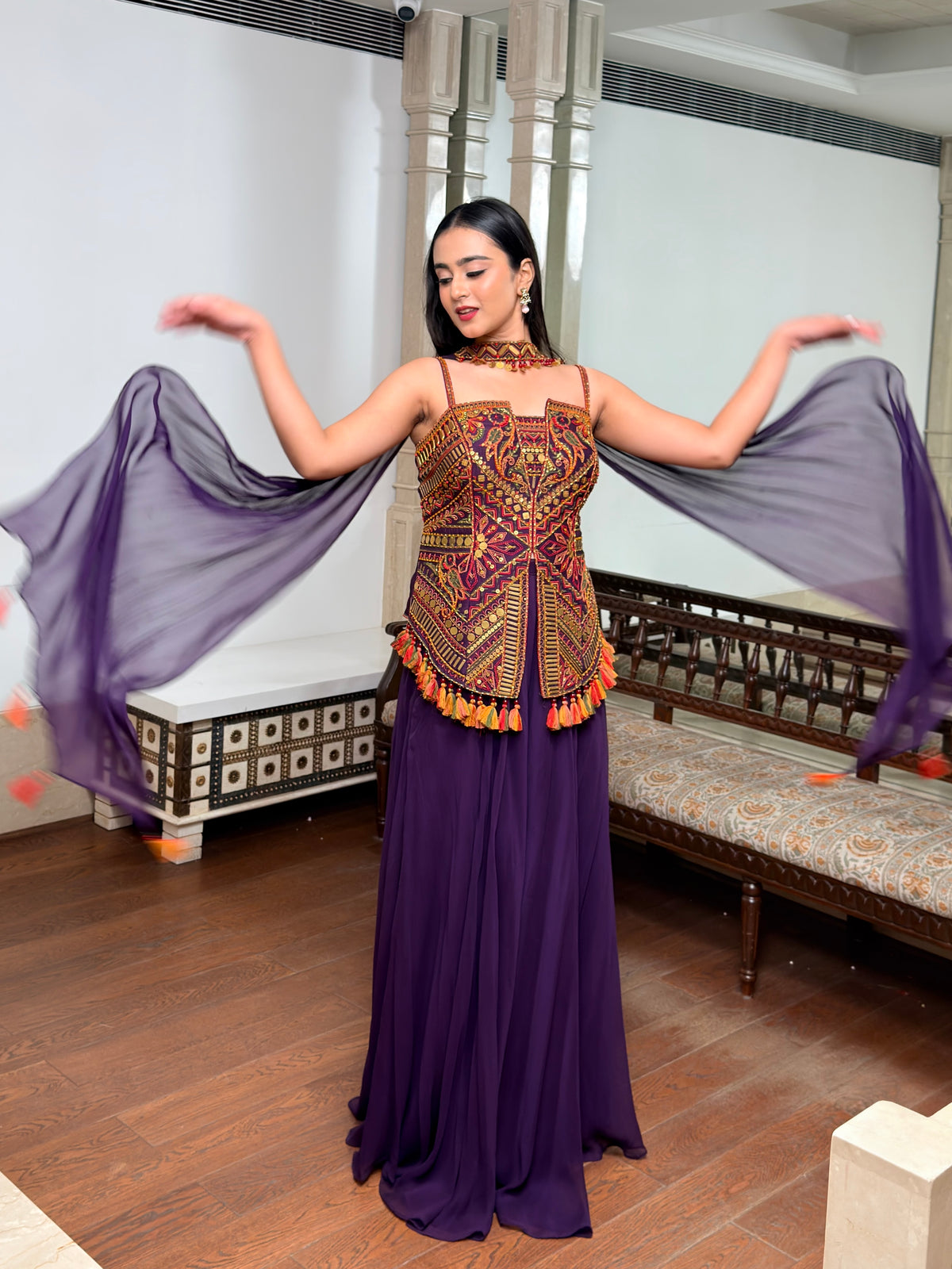 Regal Purple Dola Silk Palazzo Set with Phulkari Hand Embroidery & Tassel Hem