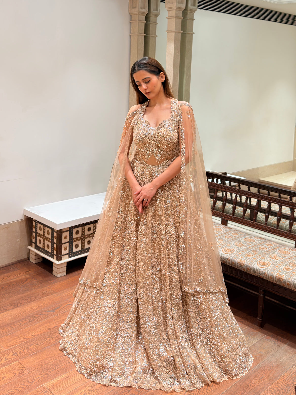 Champagne Gold Net Corset Gown with Cape Sleeves & Cutdana Sippy Work