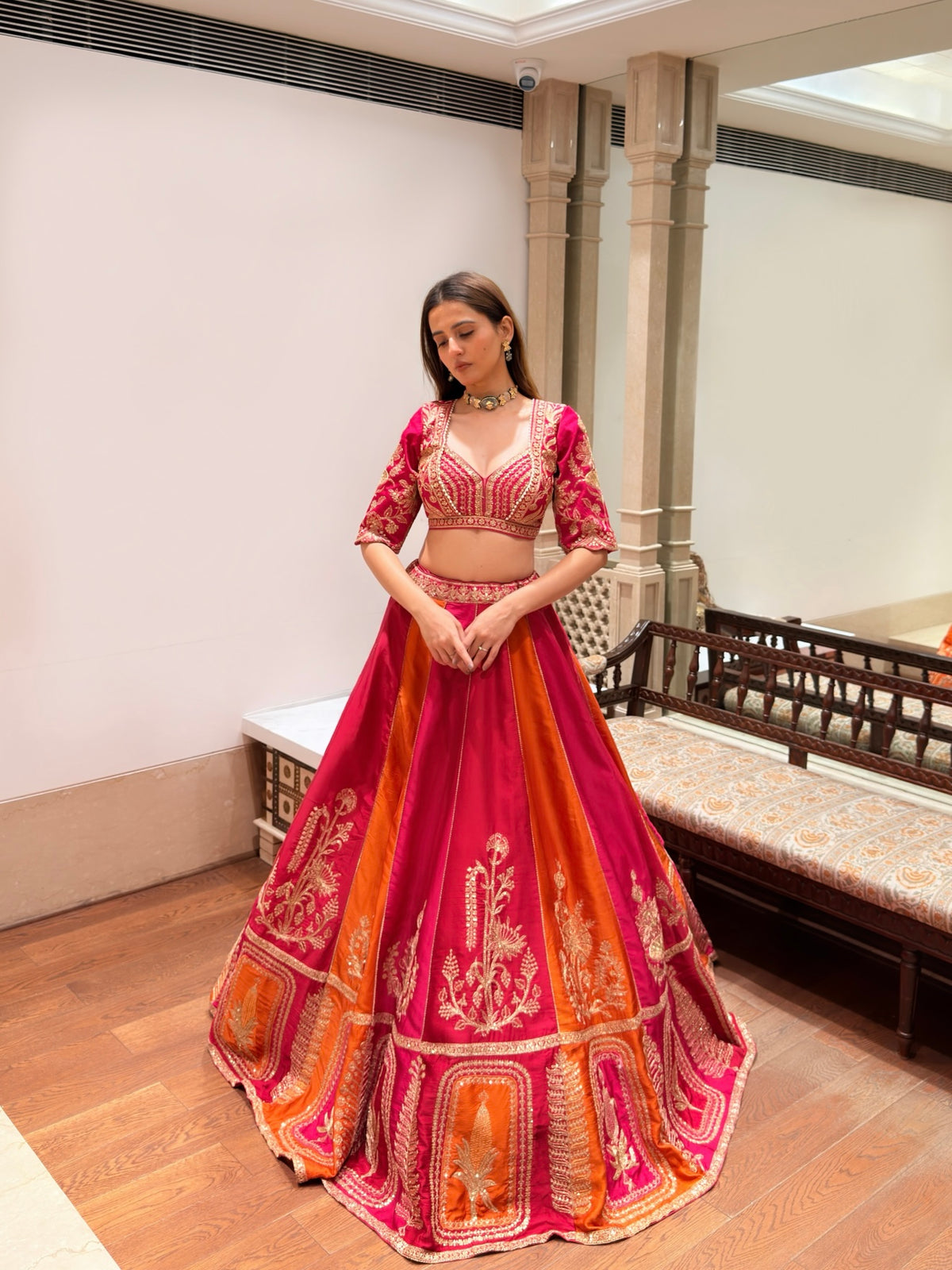Vibrant Rani Pink & Orange Silk Lehenga with Kali Patchwork & Zari Sippy Work