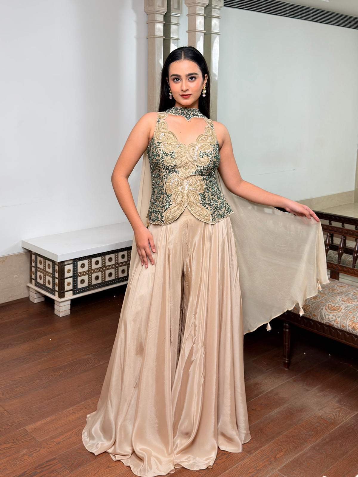 Elegant Beige Dupion Silk Palazzo Set with Emerald Paisley Embroidery & Organza Dupatta