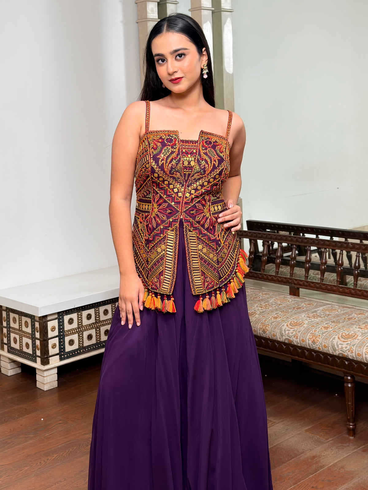 Regal Purple Dola Silk Palazzo Set with Phulkari Hand Embroidery & Tassel Hem