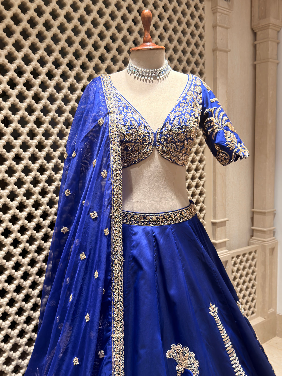 Royal Blue Silk Lehenga with Tissue Patchwork & Cutdana Embroidery