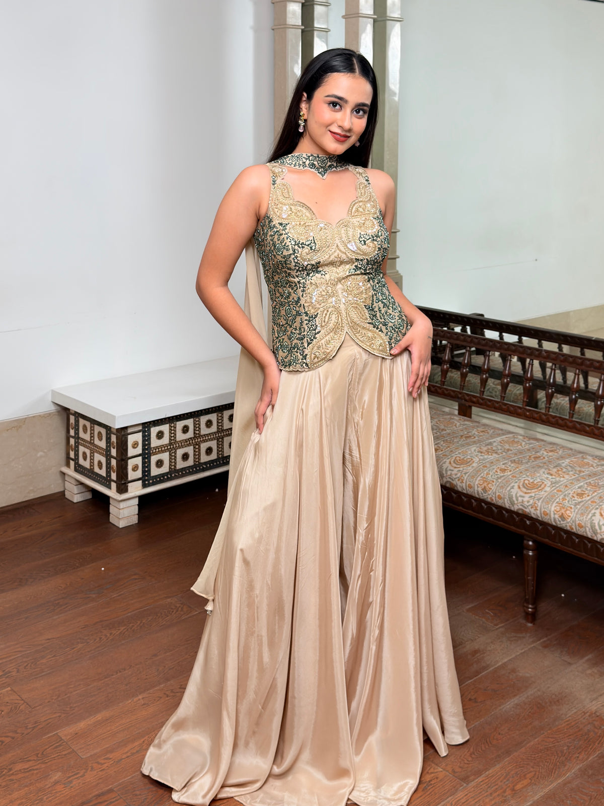 Elegant Beige Dupion Silk Palazzo Set with Emerald Paisley Embroidery & Organza Dupatta