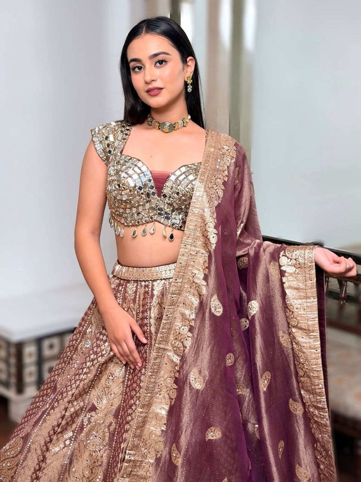 Dusky Wine Banarasi Tissue Lehenga with Mirror Work Blouse