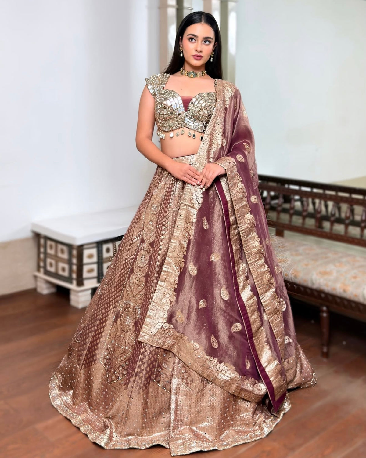 Dusky Wine Banarasi Tissue Lehenga with Mirror Work Blouse