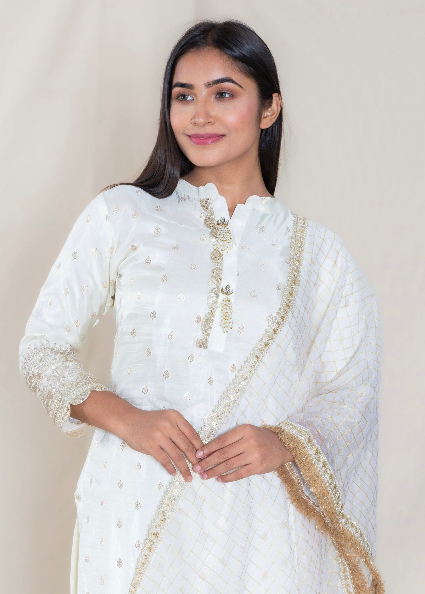 Offwhite Chanderi Cotton Kurta with Pant and Dupatta