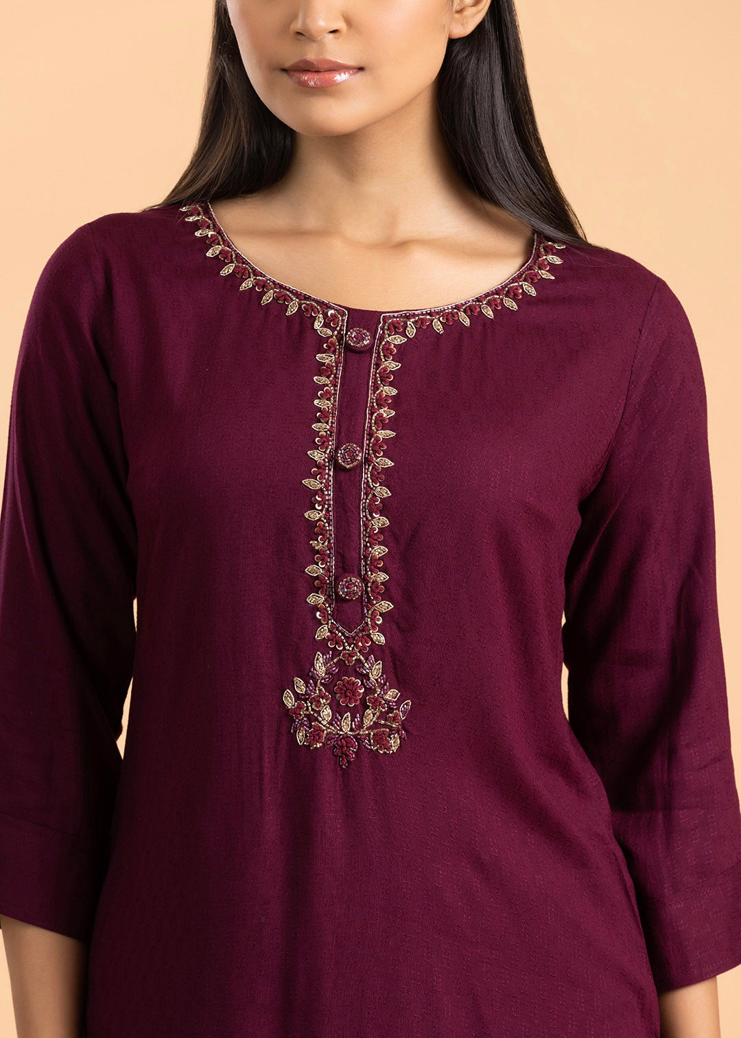 Wine Embroidered Rayon Cotton Kurti