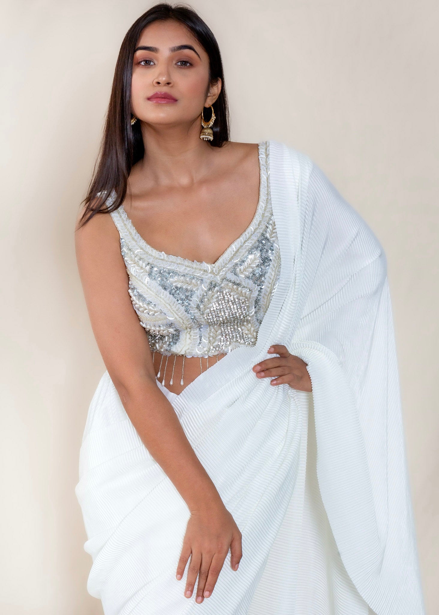 White Pre-Stitched Drape Saree with Designer Blouse