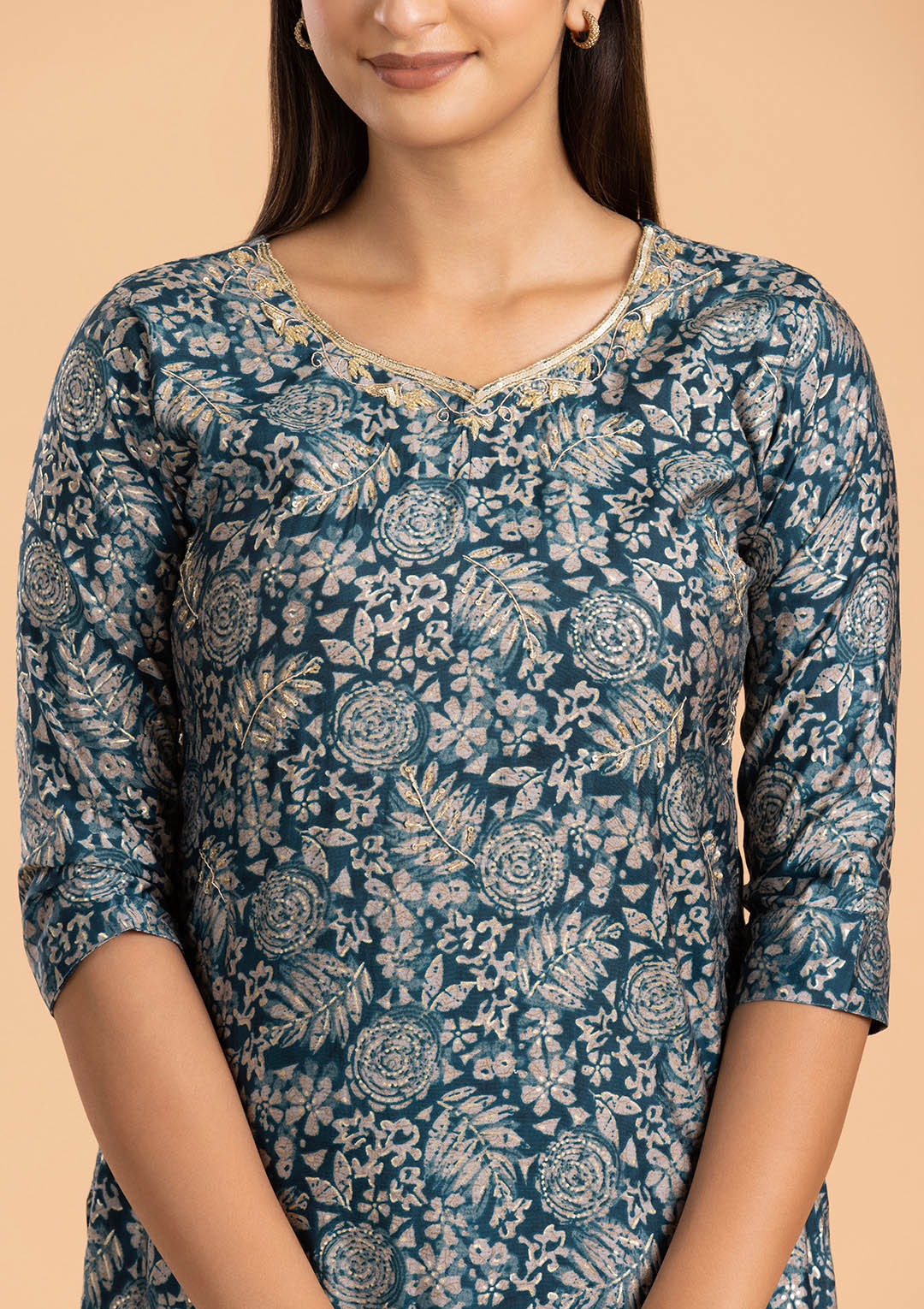 Blue Printed Pant Suit in Muslin Cotton