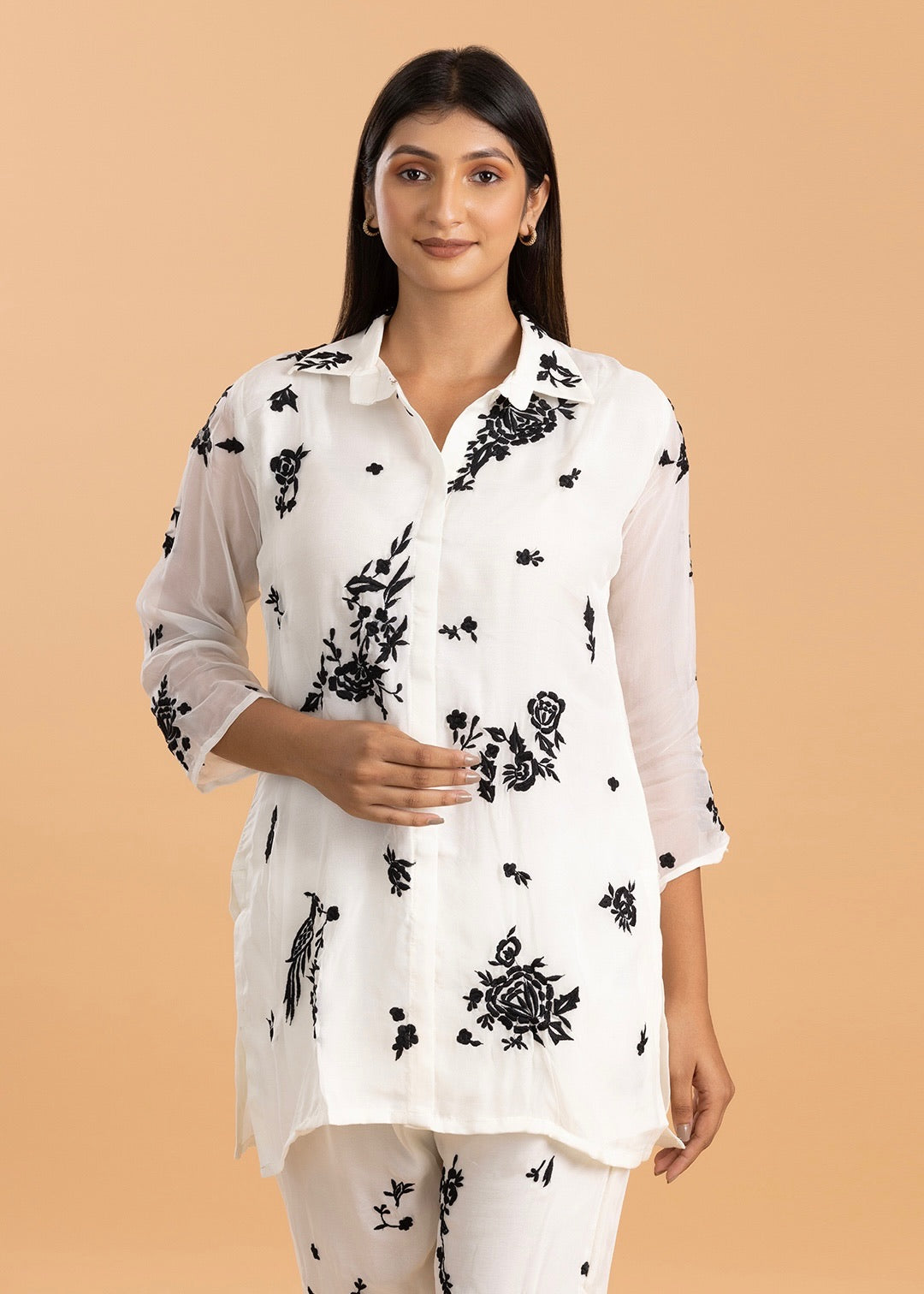 White Floral Threadwork Co-Ord Set