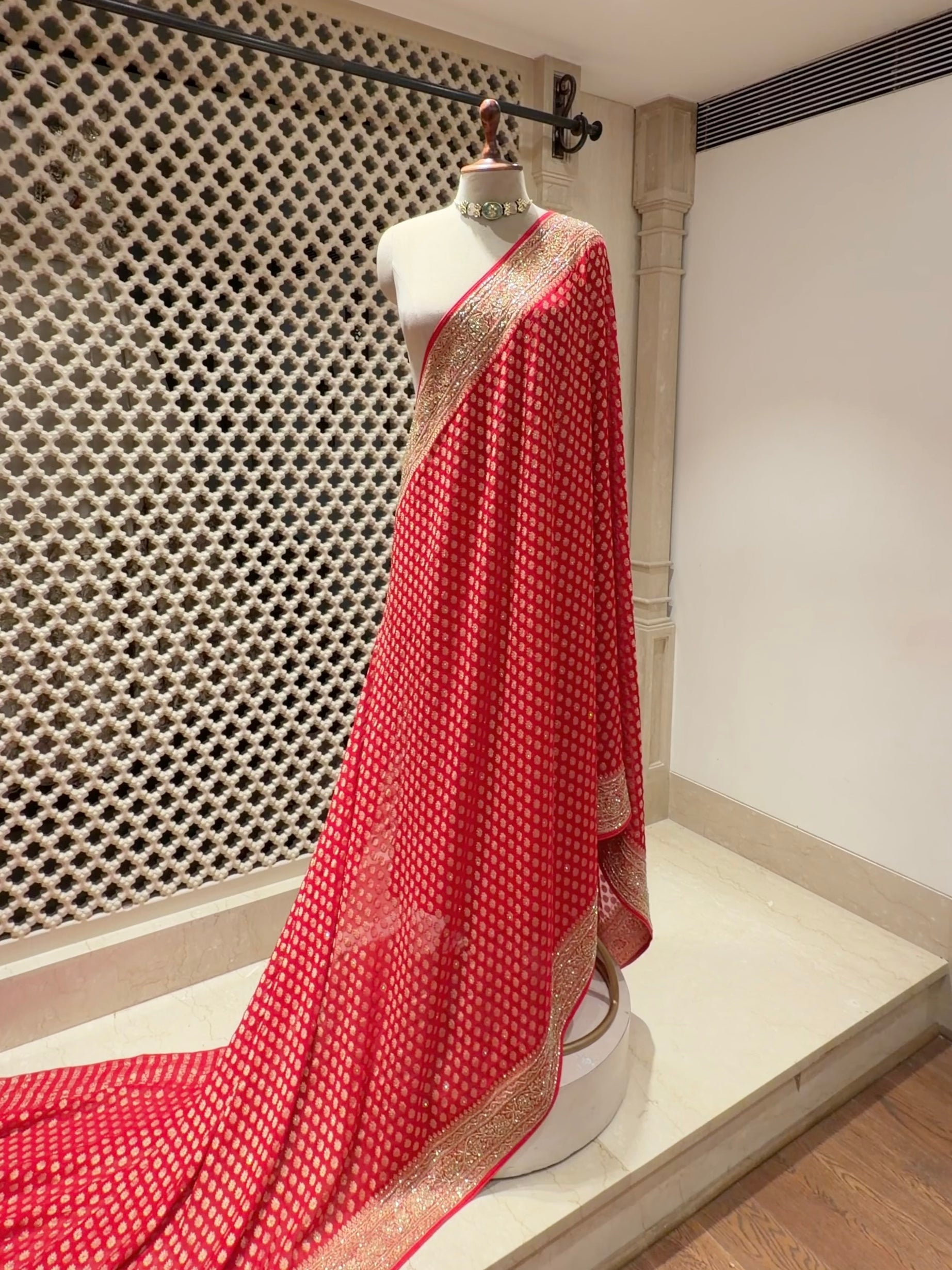Timeless Red Khaddi Georgette Saree with Gold Buti & Cutdana Sequin Border