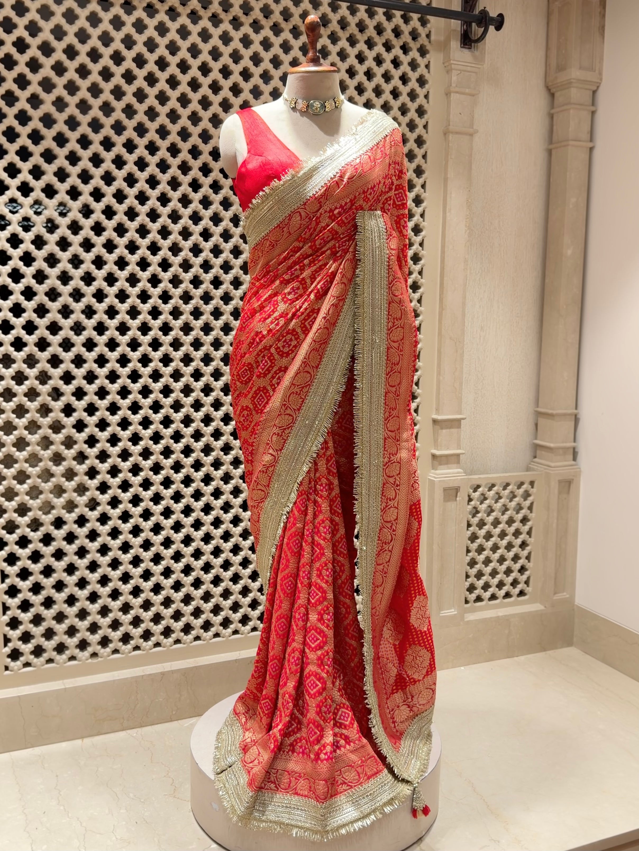 Festive Red Khaddi Georgette Saree with Bandhani Zari Weave & Lace Border