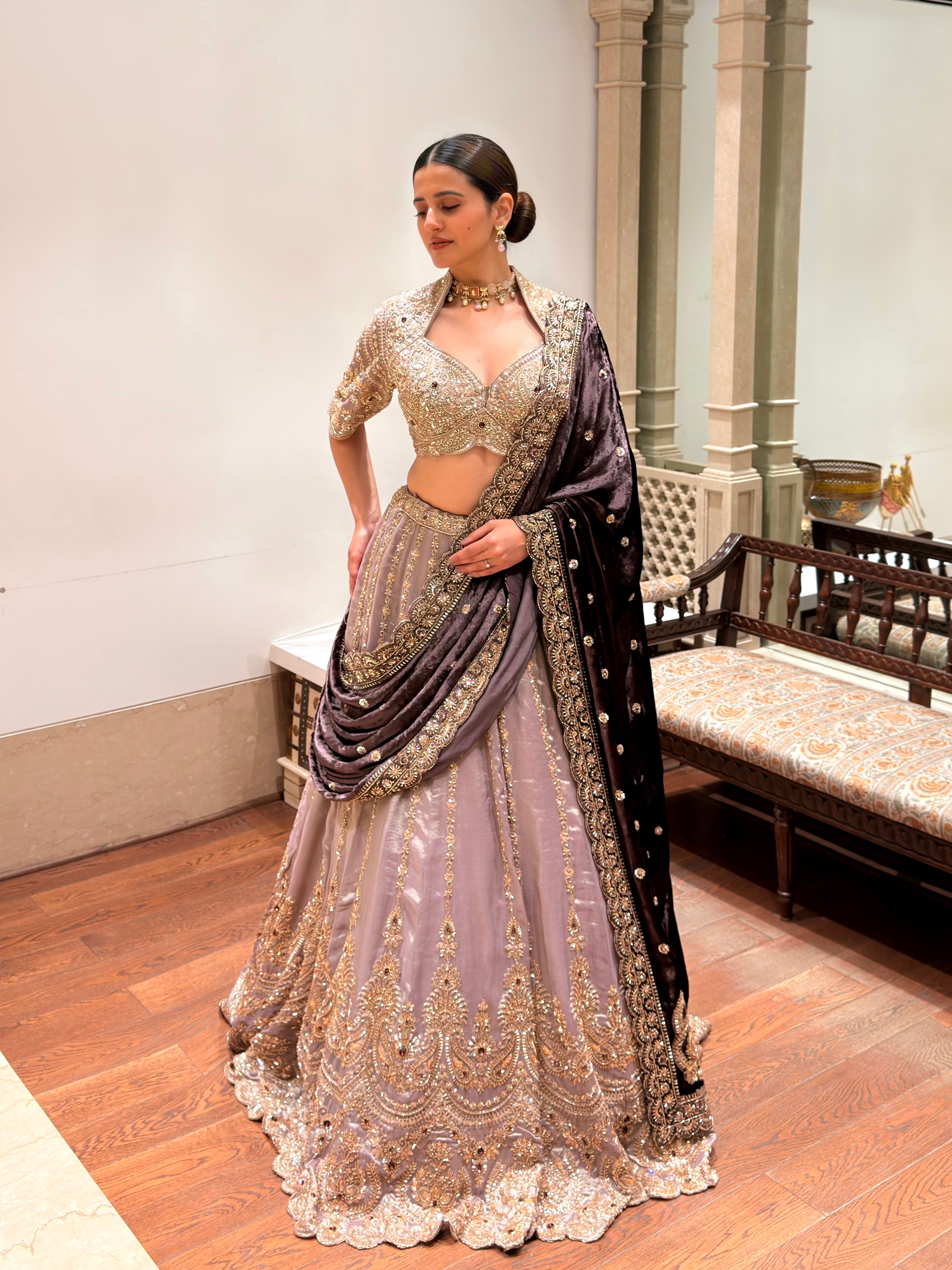 Mauve Purple Tissue Lehenga with Velvet Dupatta | Pre-Order