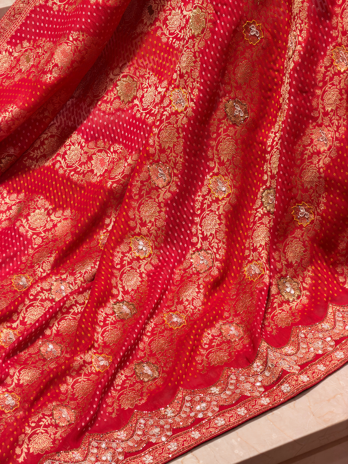 Regal Crimson Red Saree in Khaddi Georgette Fabric with Gota Patti & Cutdana Work