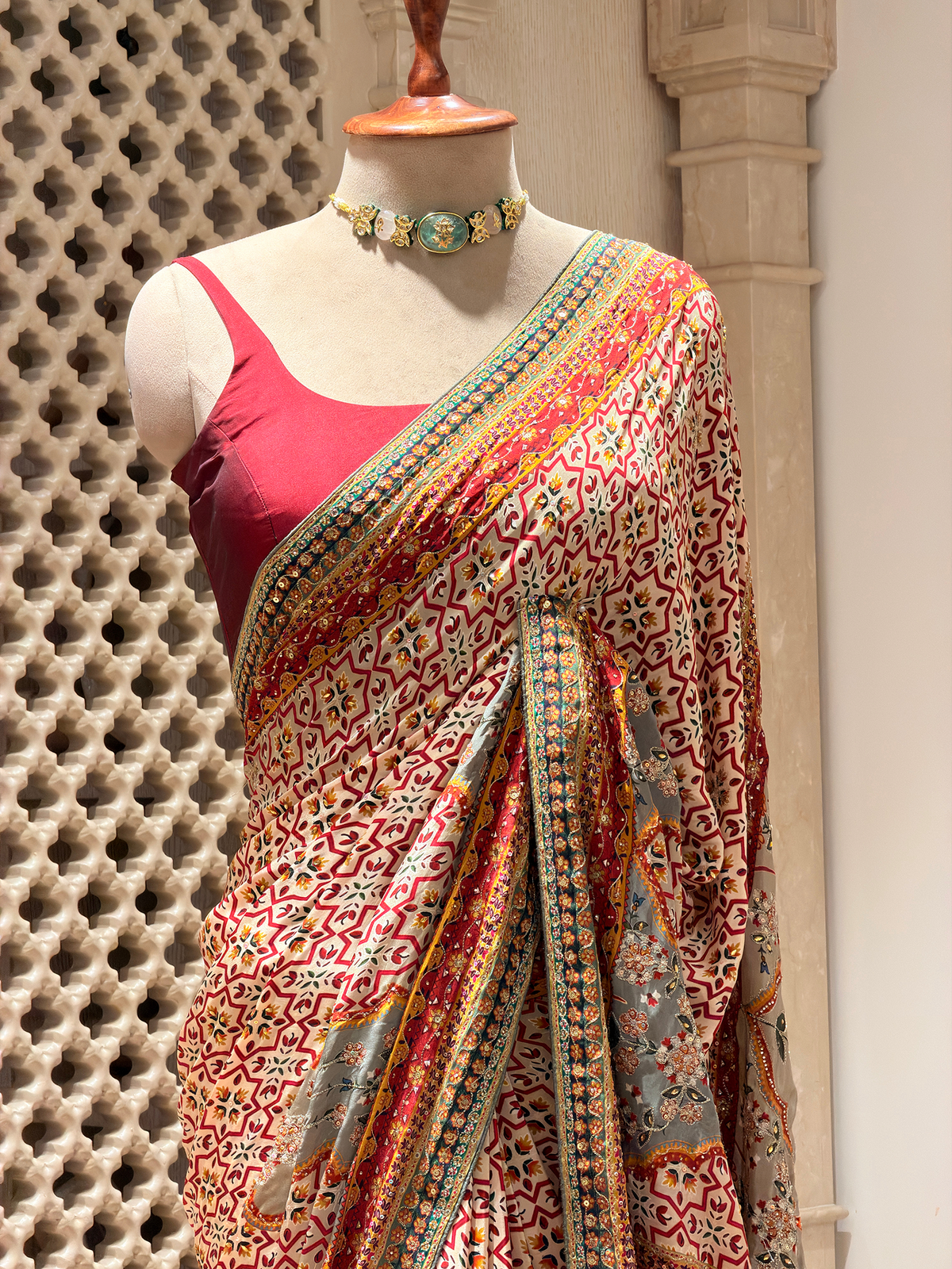 Artwork Ivory Saree with Unstitched Blouse in Bemberg Crepe Fabric with Geometric Star Print & Hand Embroidery