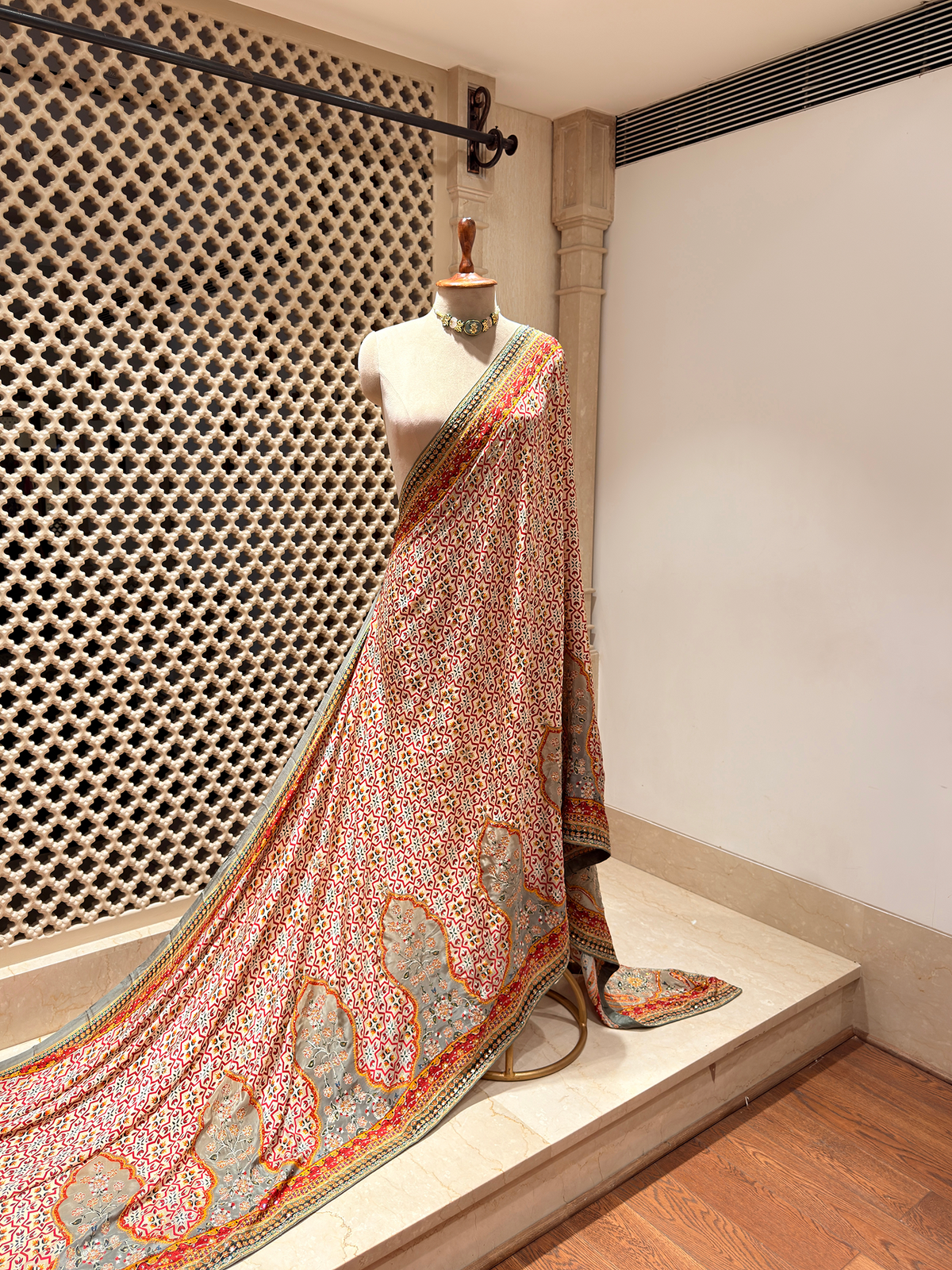 Artwork Ivory Saree with Unstitched Blouse in Bemberg Crepe Fabric with Geometric Star Print & Hand Embroidery