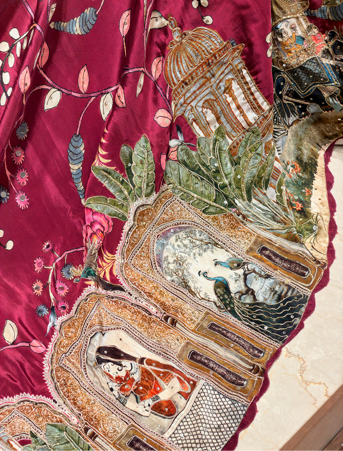 Maroon Bemberg Crepe Saree with Kalamkari Art Print, Mirror Work & Hand Embroidery