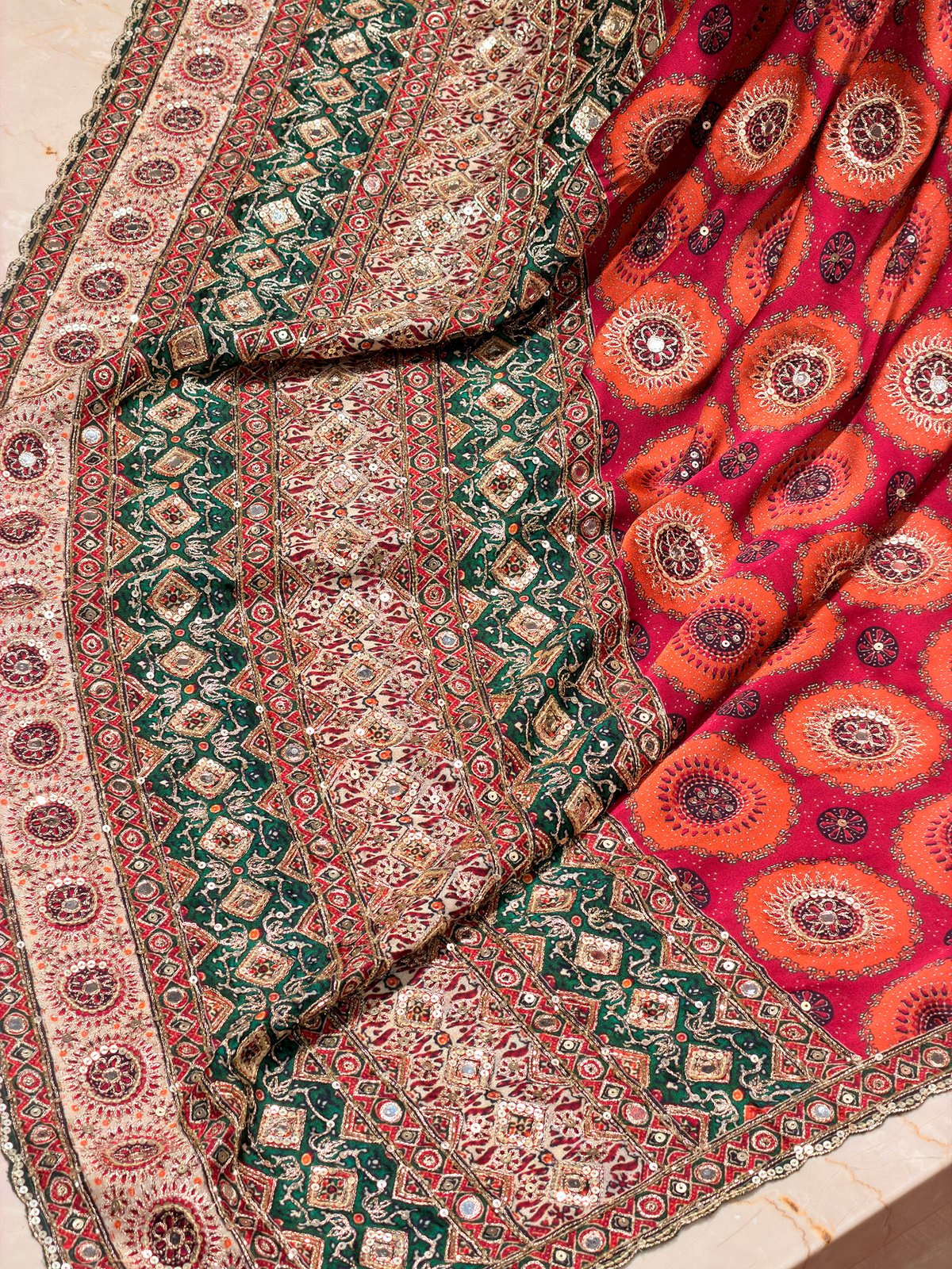 Modal Crepe Ajrak Print Saree with Hand Embroidery