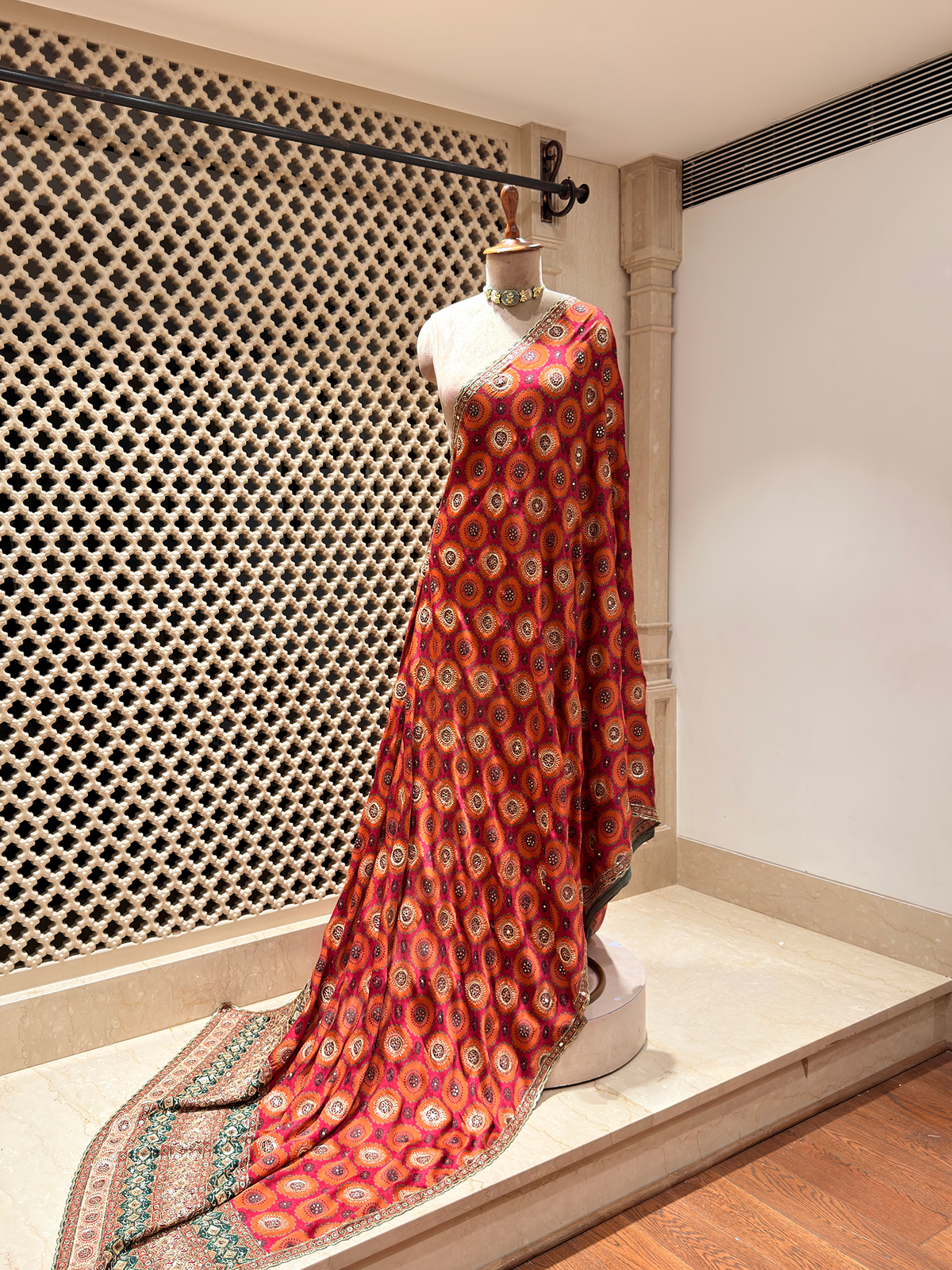 Modal Crepe Ajrak Print Saree with Hand Embroidery
