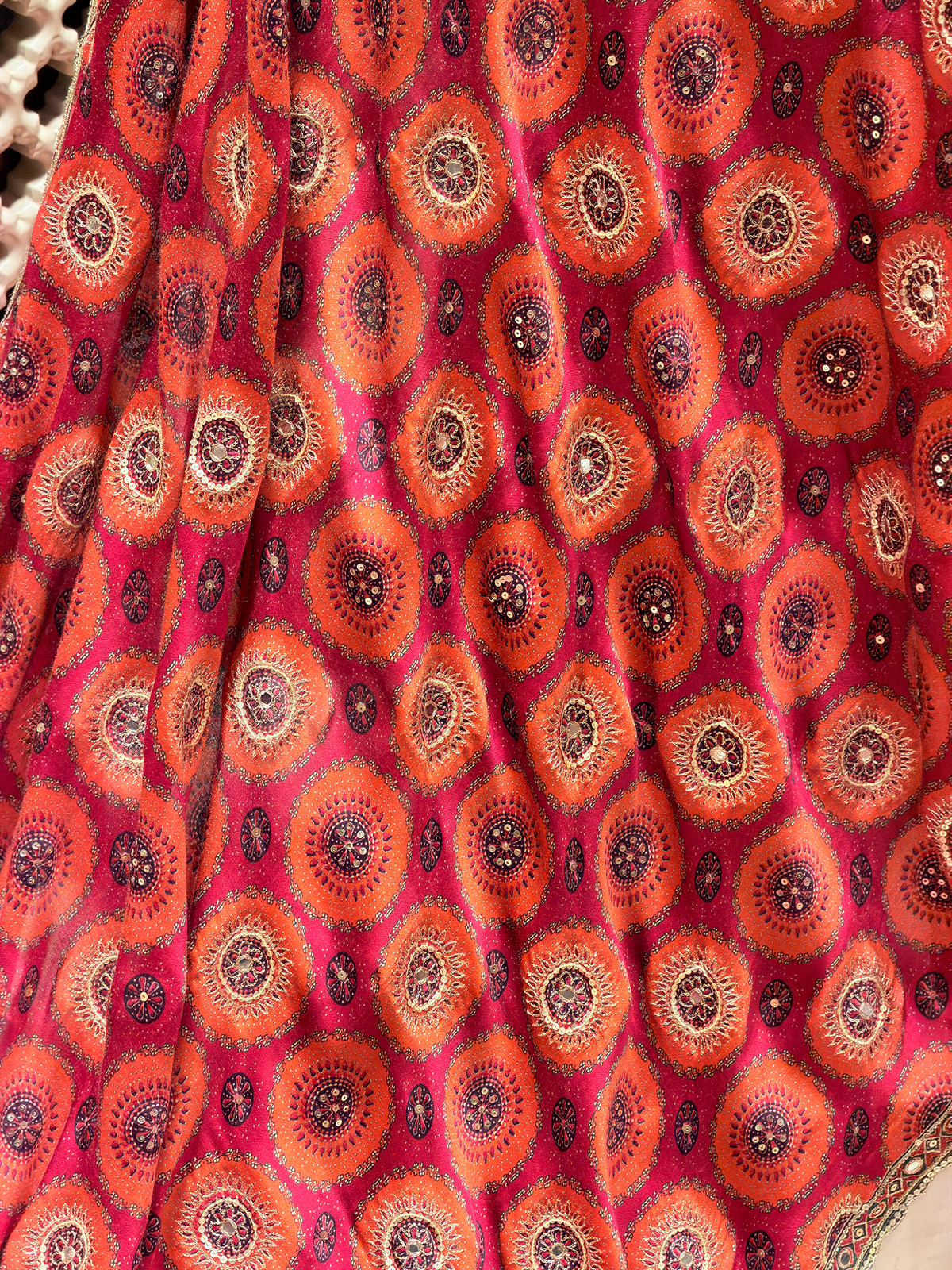 Modal Crepe Ajrak Print Saree with Hand Embroidery