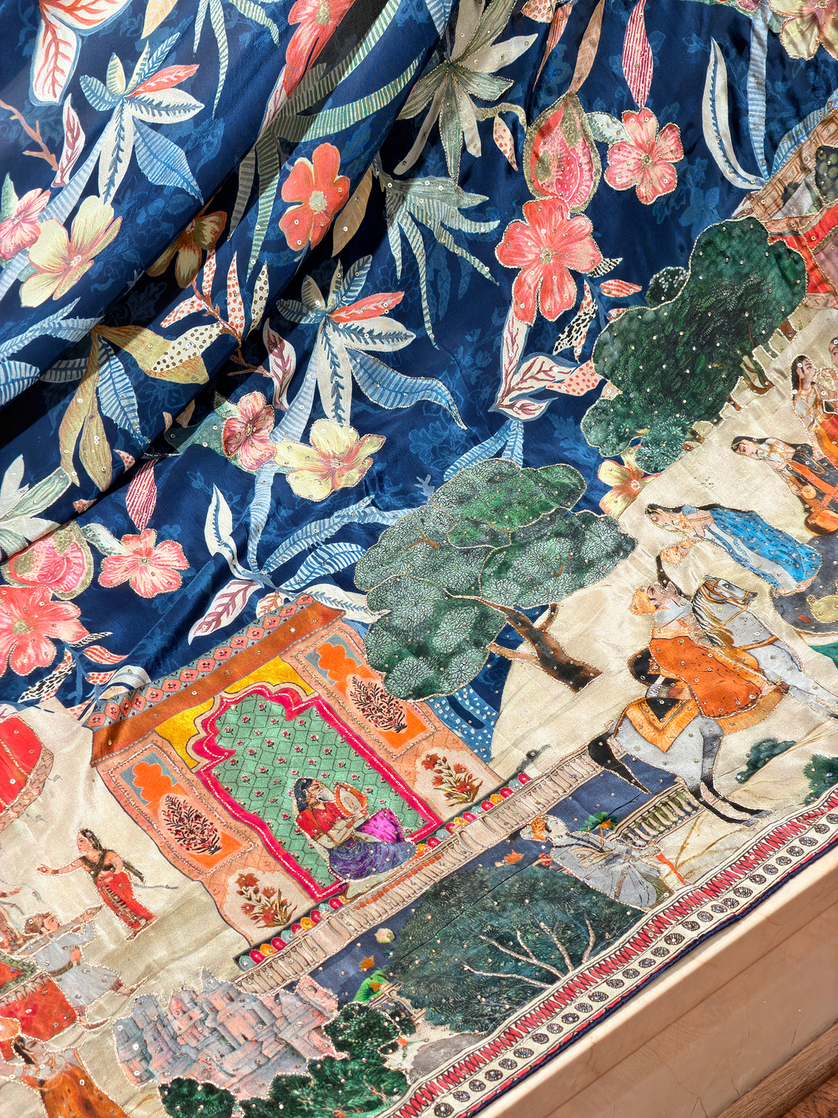 Artwork Navy Blue Saree in Bemberg Crepe Fabric with Tropical Floral Print & Hand Embroidery