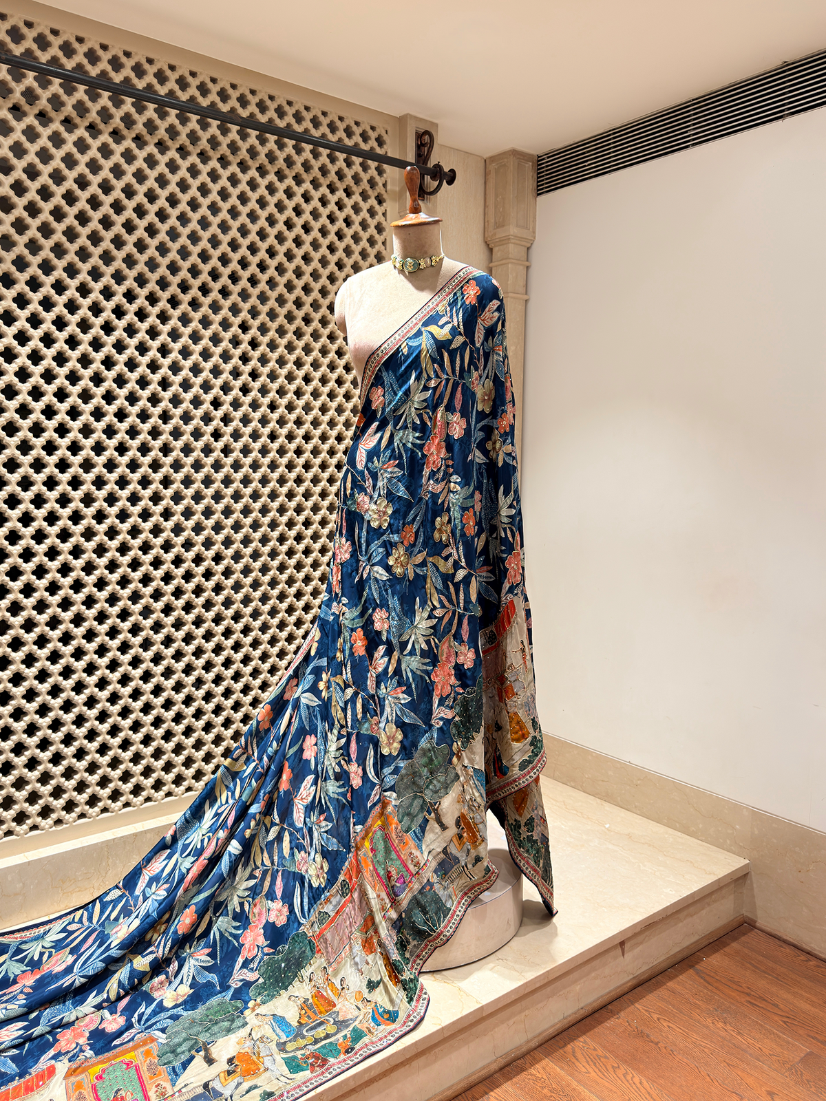 Artwork Navy Blue Saree in Bemberg Crepe Fabric with Tropical Floral Print & Hand Embroidery