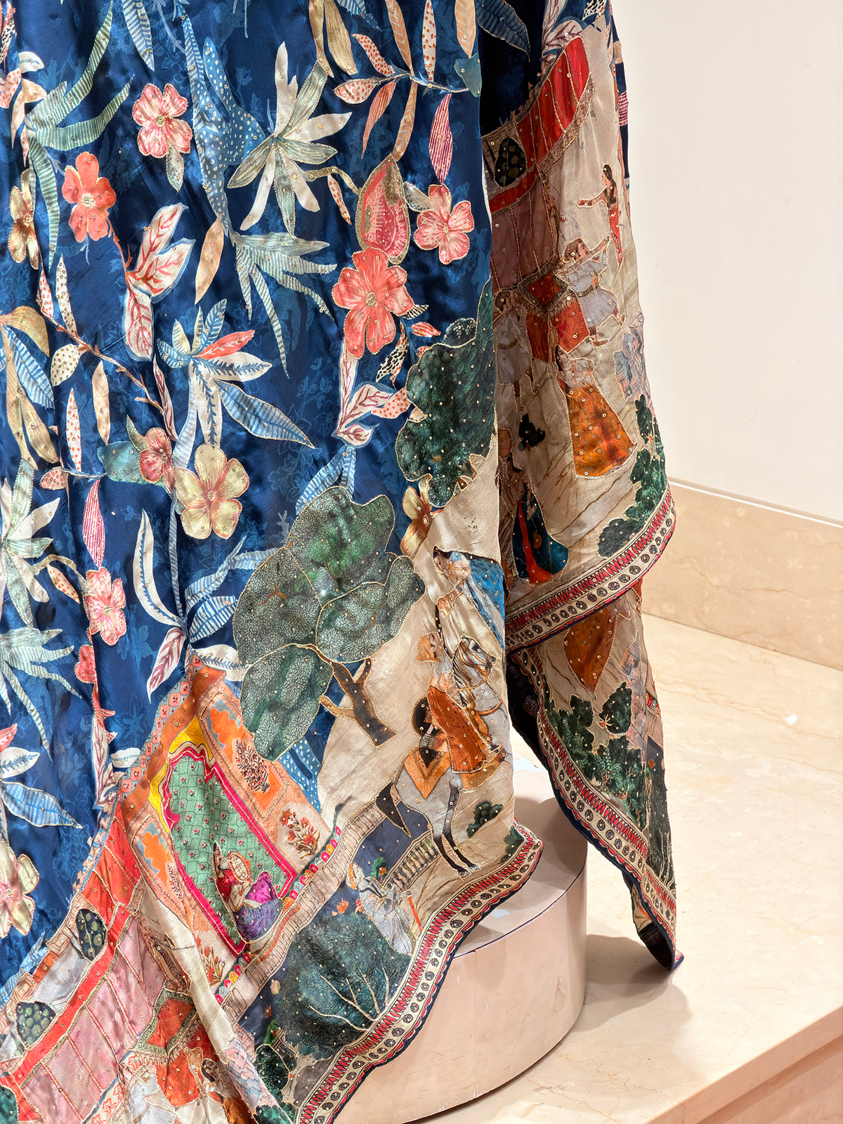 Artwork Navy Blue Saree in Bemberg Crepe Fabric with Tropical Floral Print & Hand Embroidery