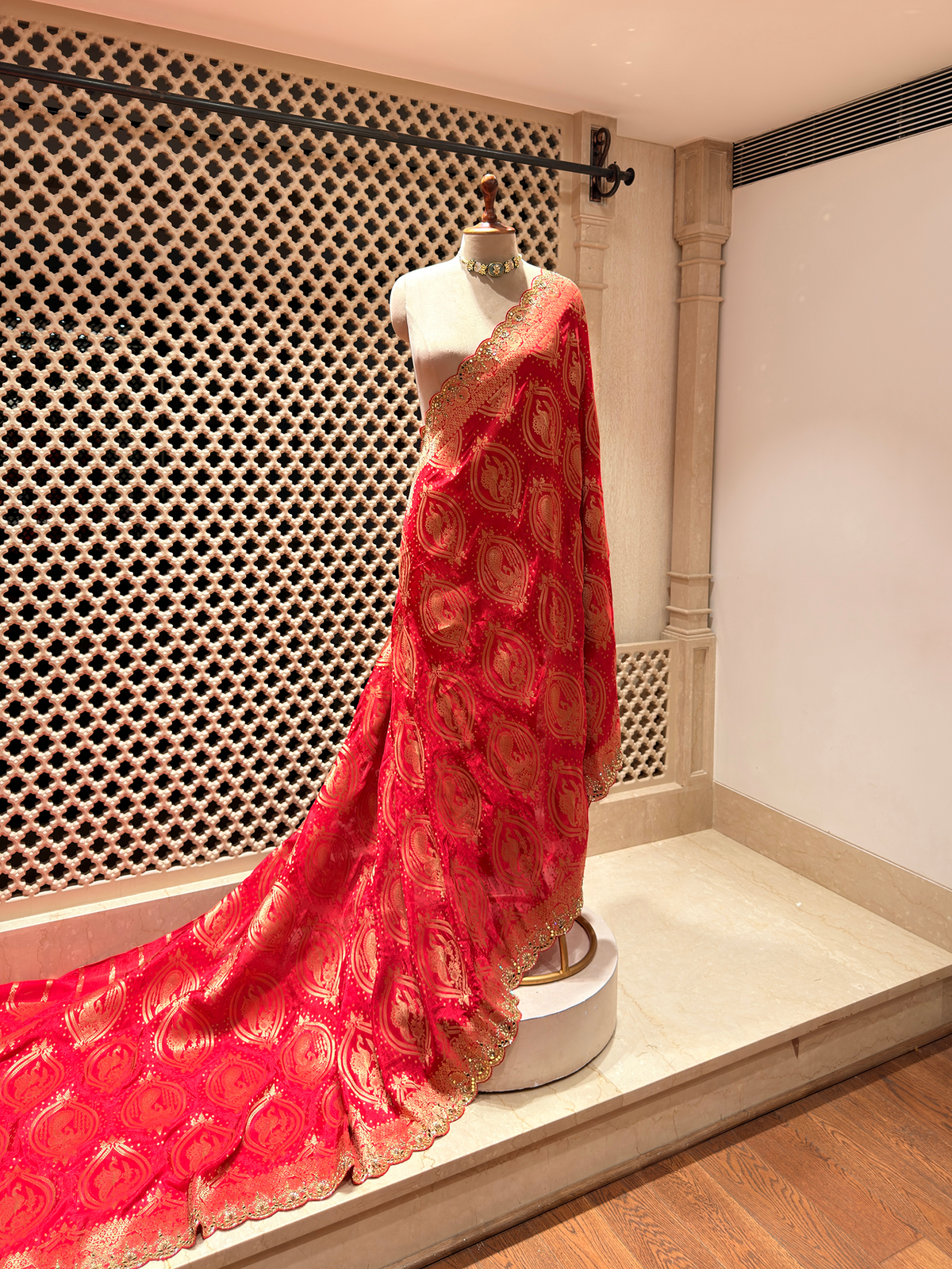 Regal Red Dola Silk Saree with Peacock Zari Weave & Khatli Mirror Work