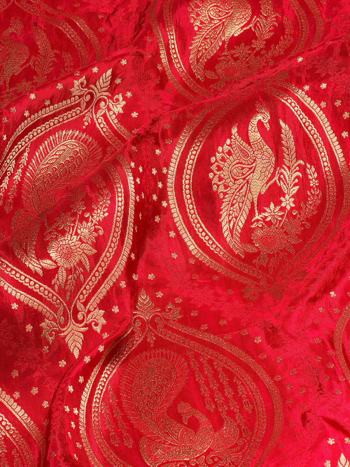 Regal Red Dola Silk Saree with Peacock Zari Weave & Khatli Mirror Work