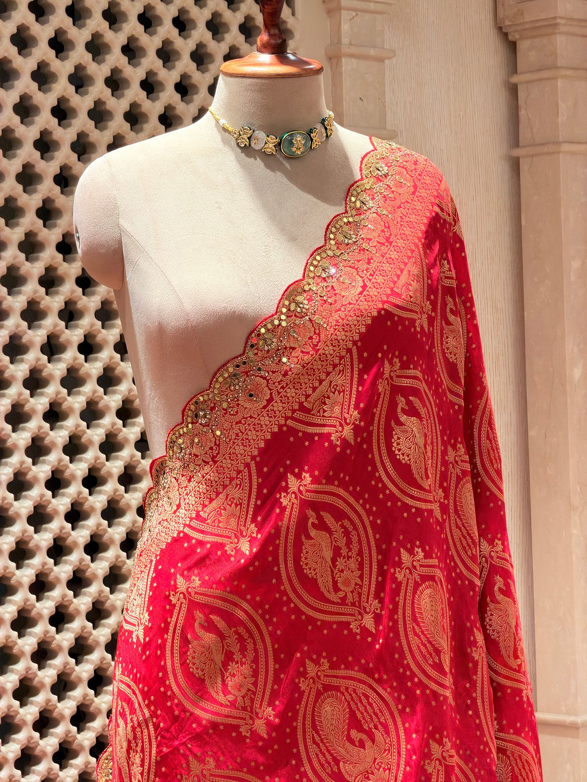 Regal Red Dola Silk Saree with Peacock Zari Weave & Khatli Mirror Work