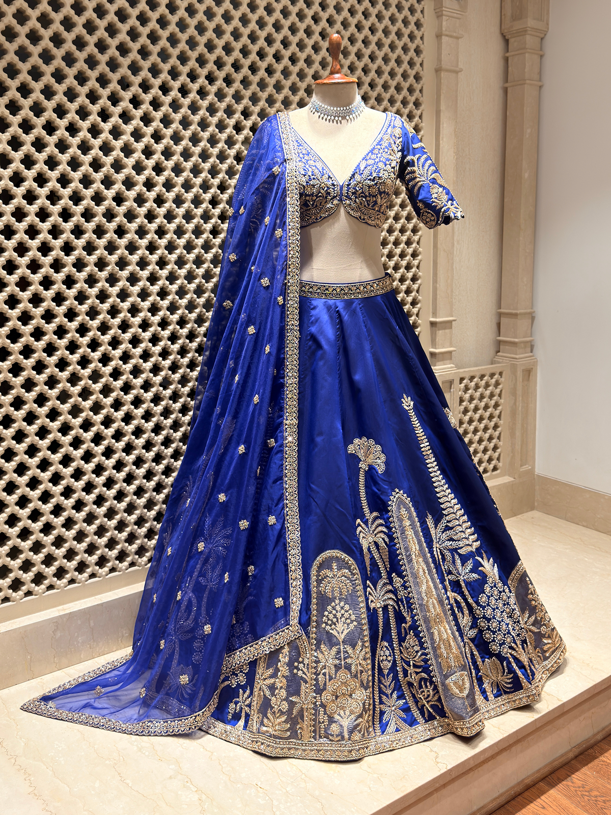 Royal Blue Silk Lehenga with Tissue Patchwork & Cutdana Embroidery
