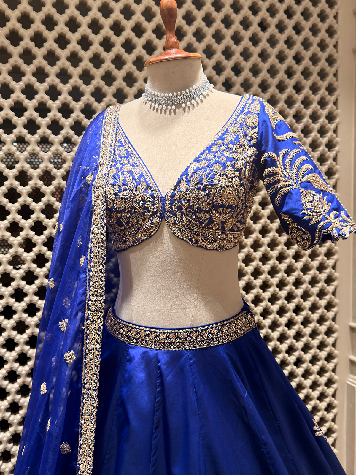 Royal Blue Silk Lehenga with Tissue Patchwork & Cutdana Embroidery