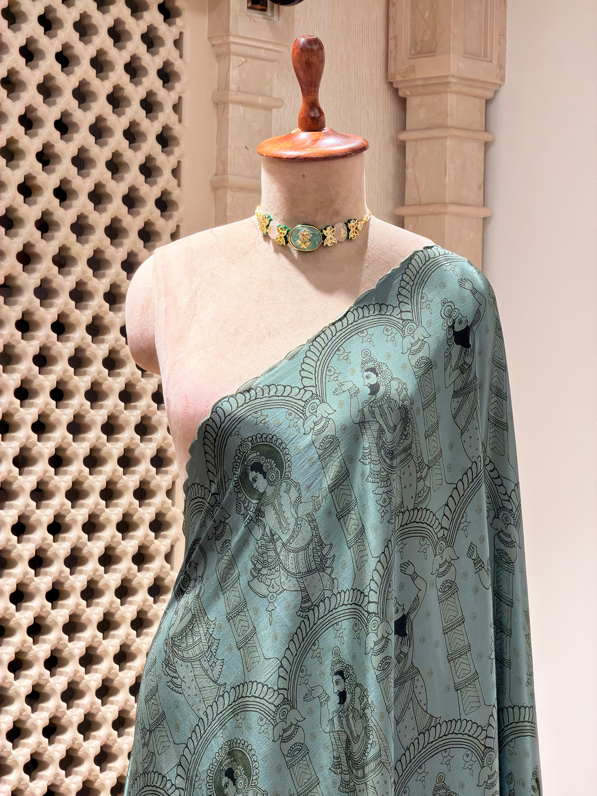 Artwork Teal Green Saree in Bemberg Crepe Fabric with Temple Arch Print & Hand Embroidery