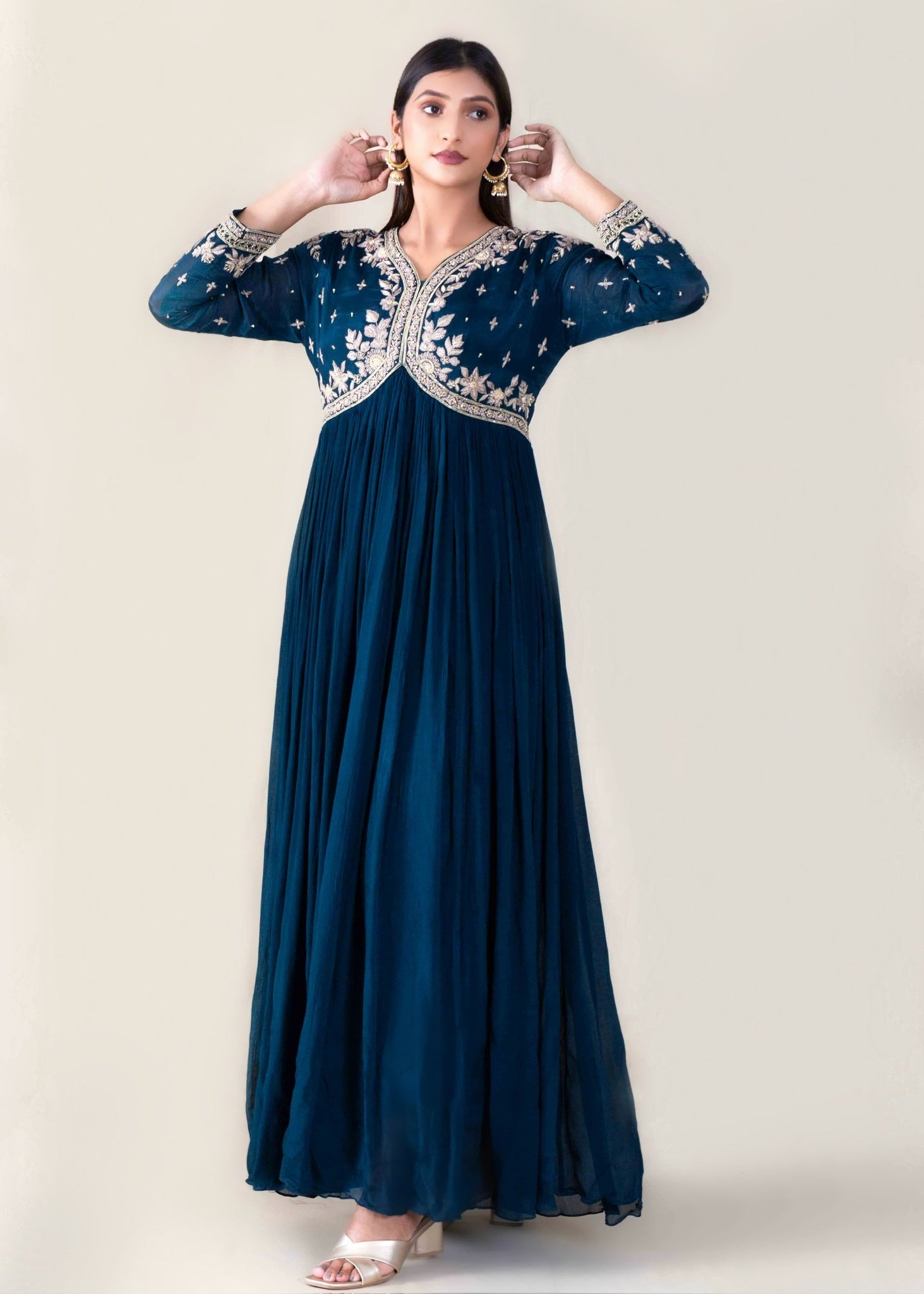 Navy Blue Anarkali Gown in Crepe Chinon