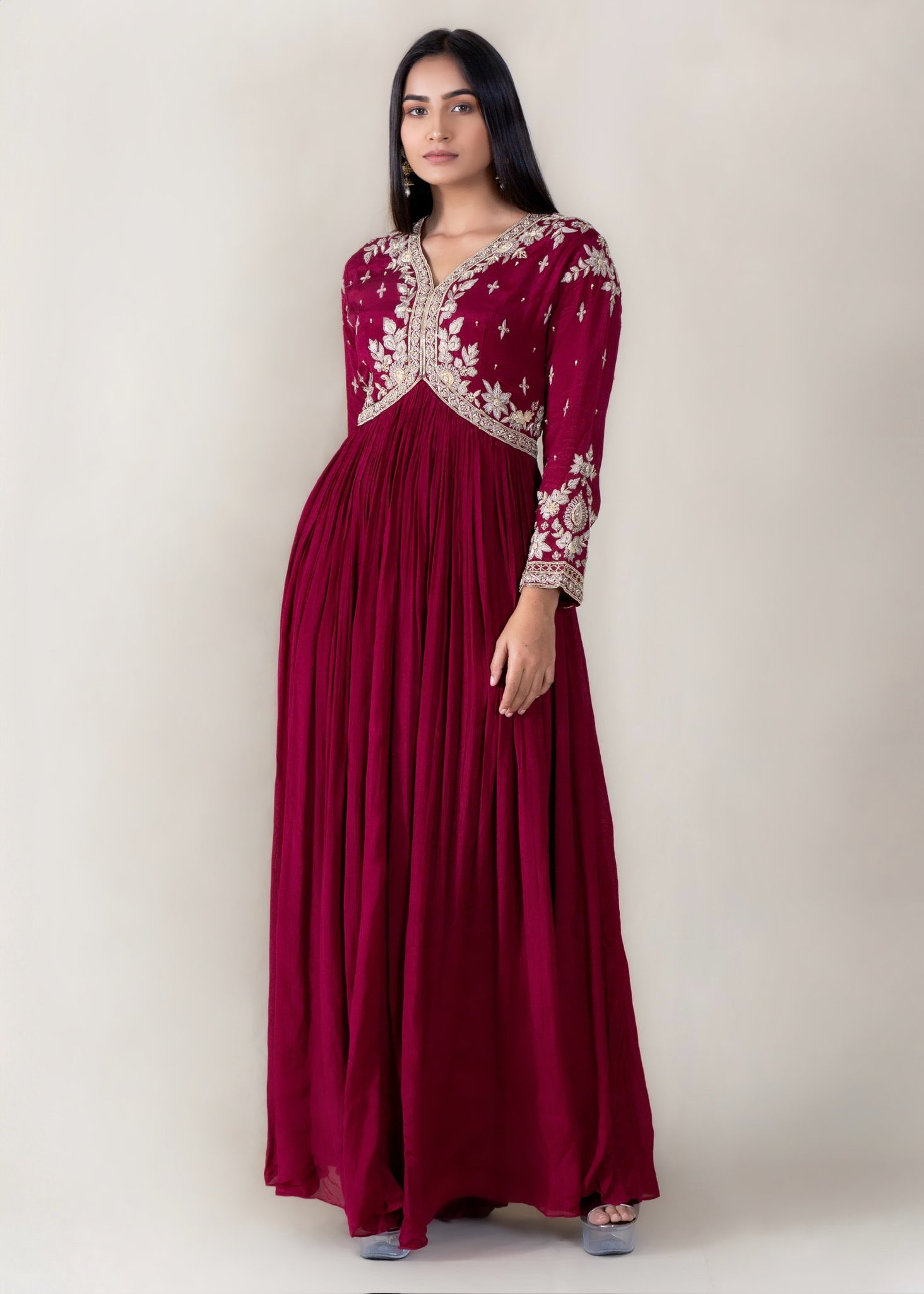 Maroon Anarkali Gown in Crepe Chinon