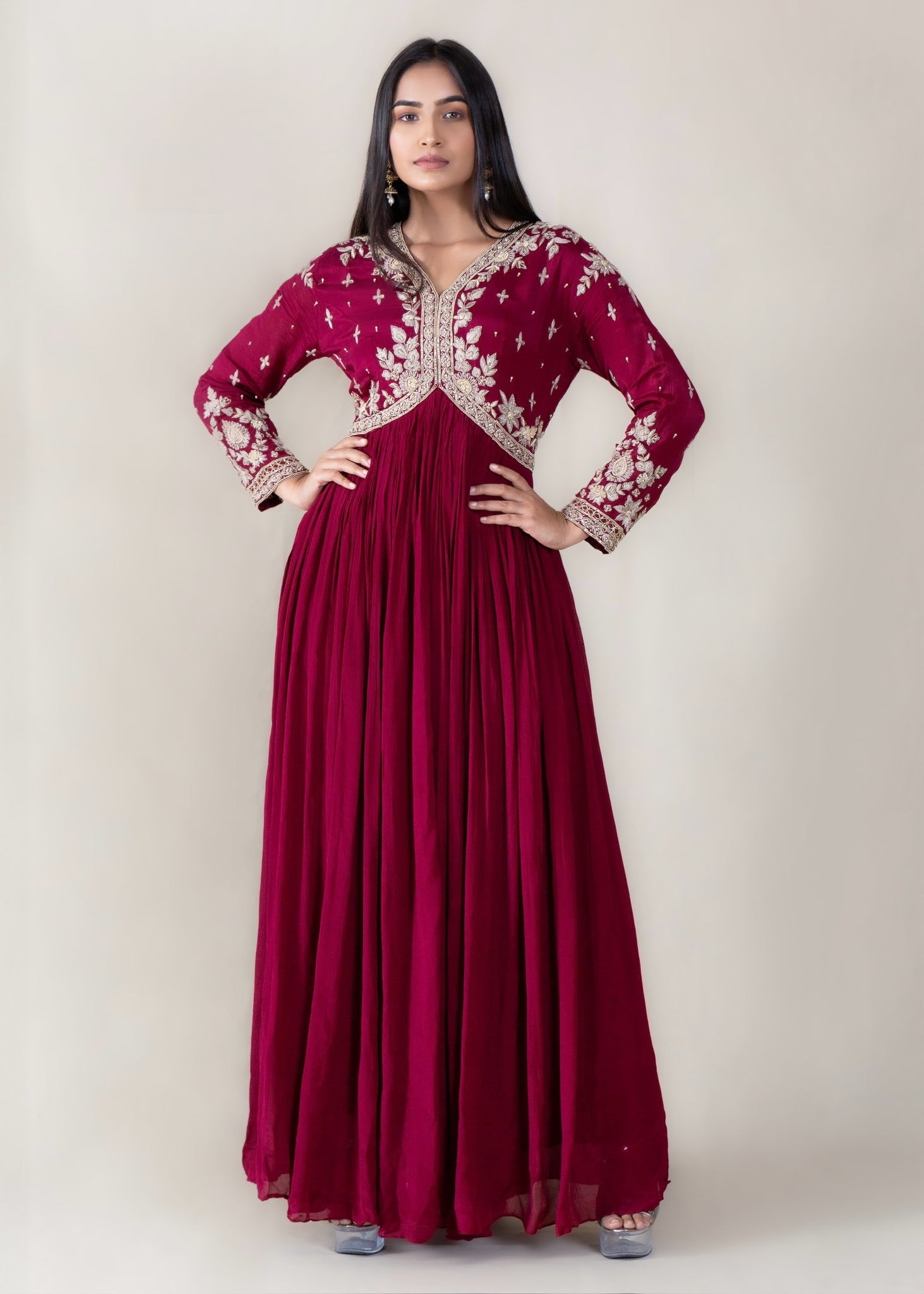 Maroon Anarkali Gown in Crepe Chinon