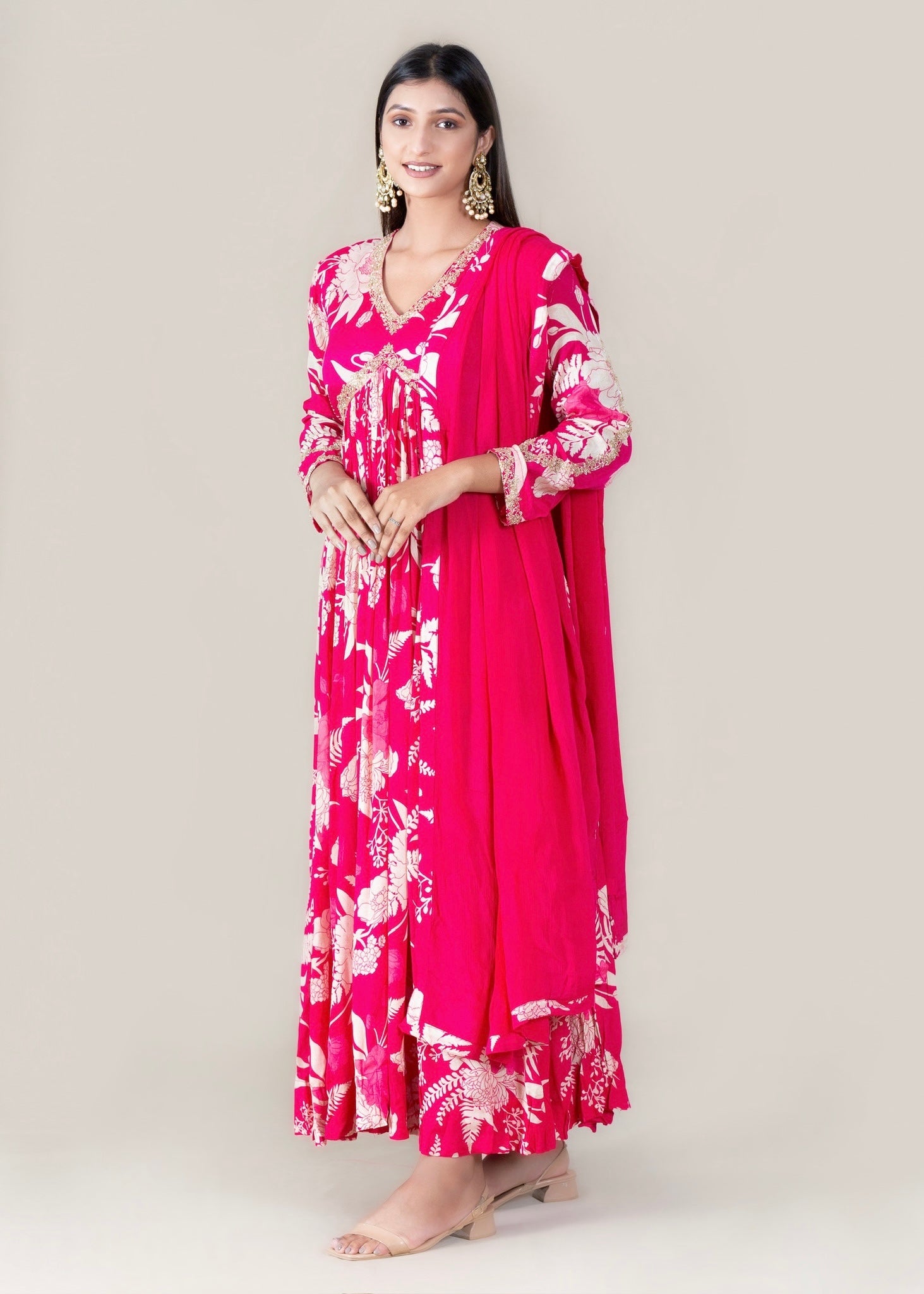 Pink Printed Crepe Chinon Long Dress with Dupatta