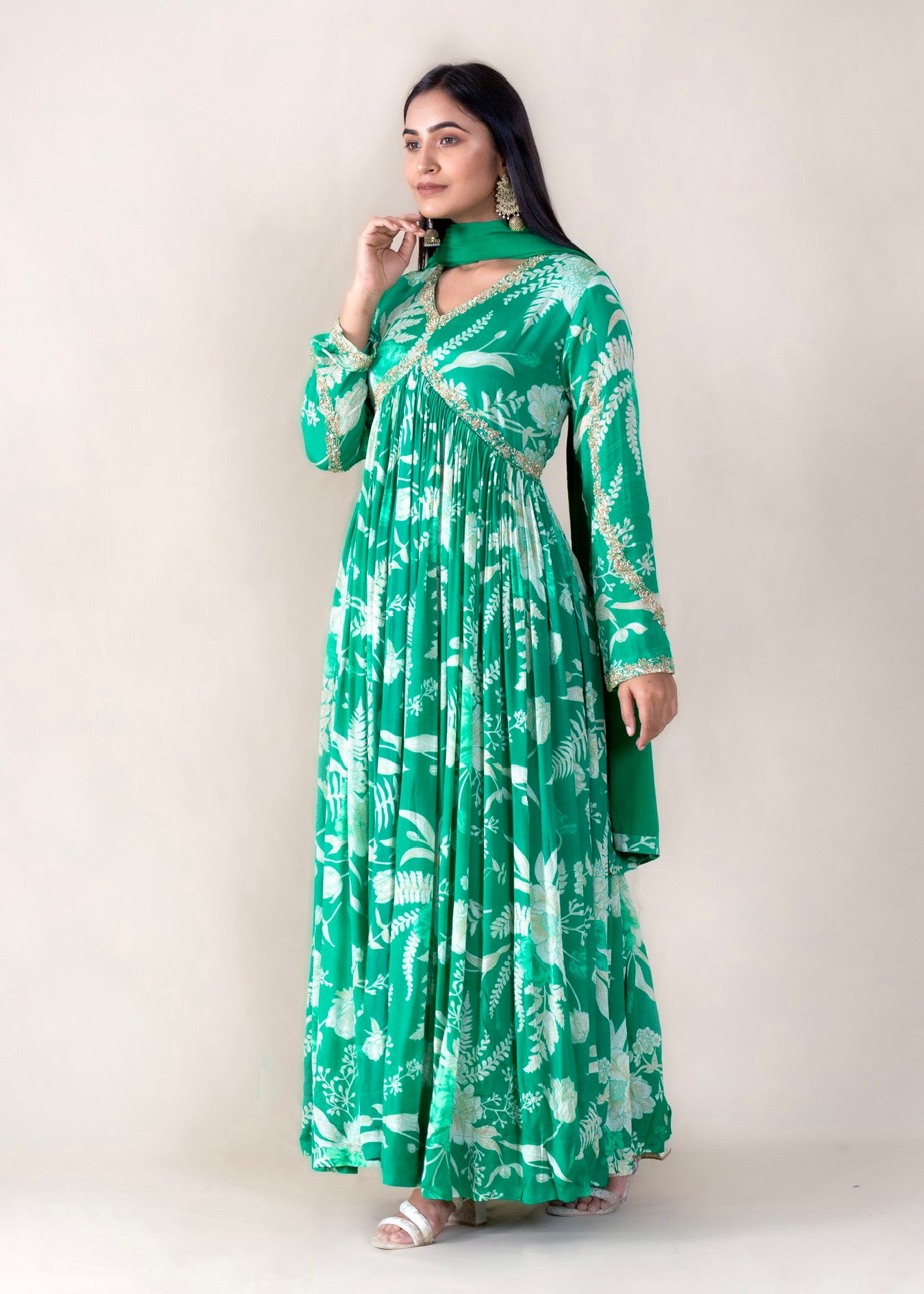 Green Printed Crepe Chinon Long Dress with Dupatta