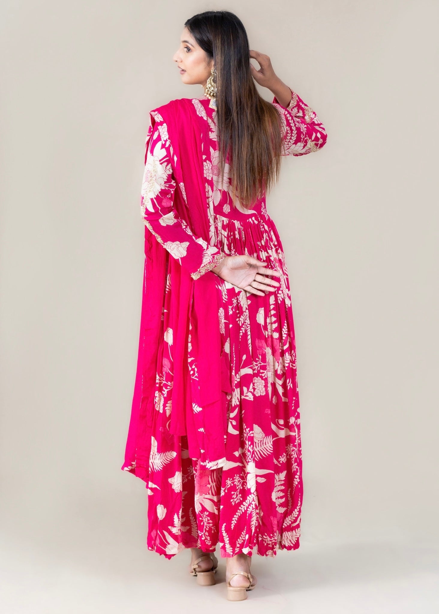 Pink Printed Crepe Chinon Long Dress with Dupatta