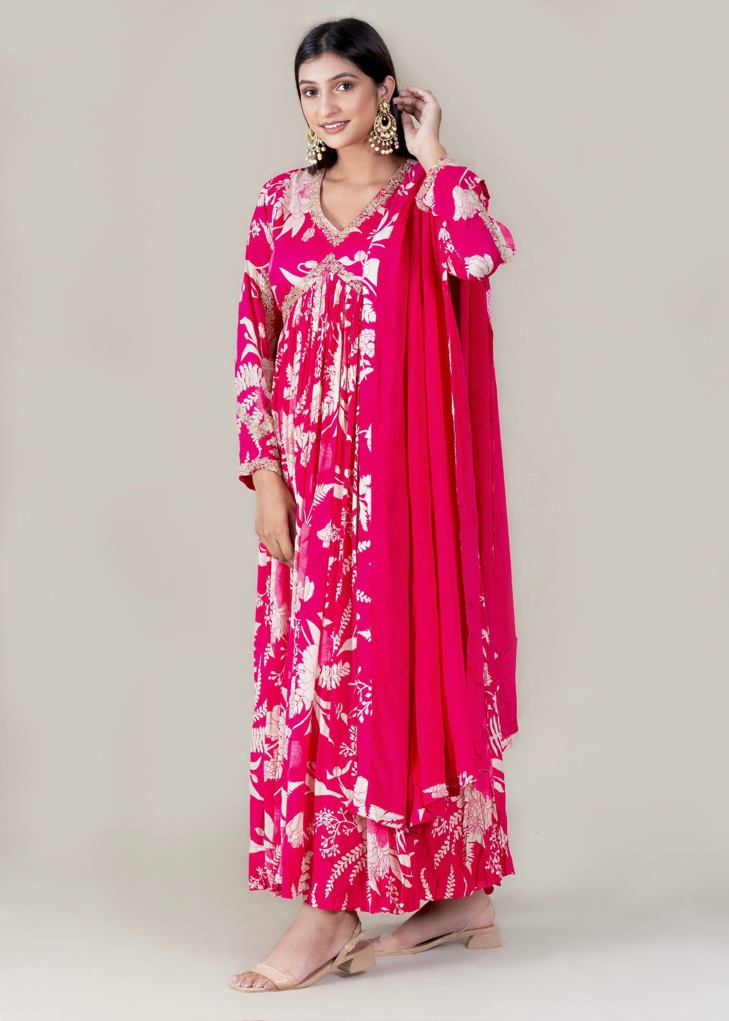 Pink Printed Crepe Chinon Long Dress with Dupatta