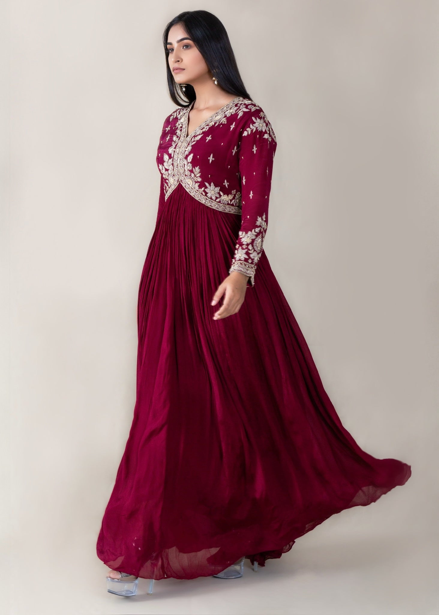 Maroon Anarkali Gown in Crepe Chinon