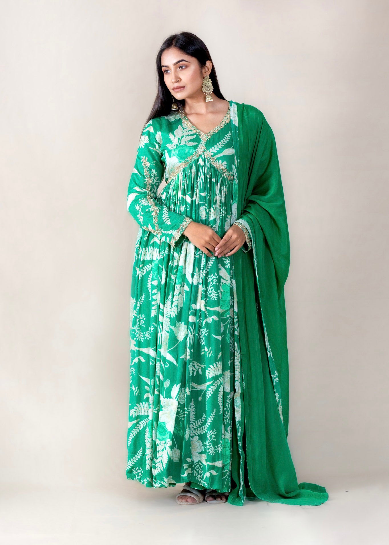 Green Printed Crepe Chinon Long Dress with Dupatta