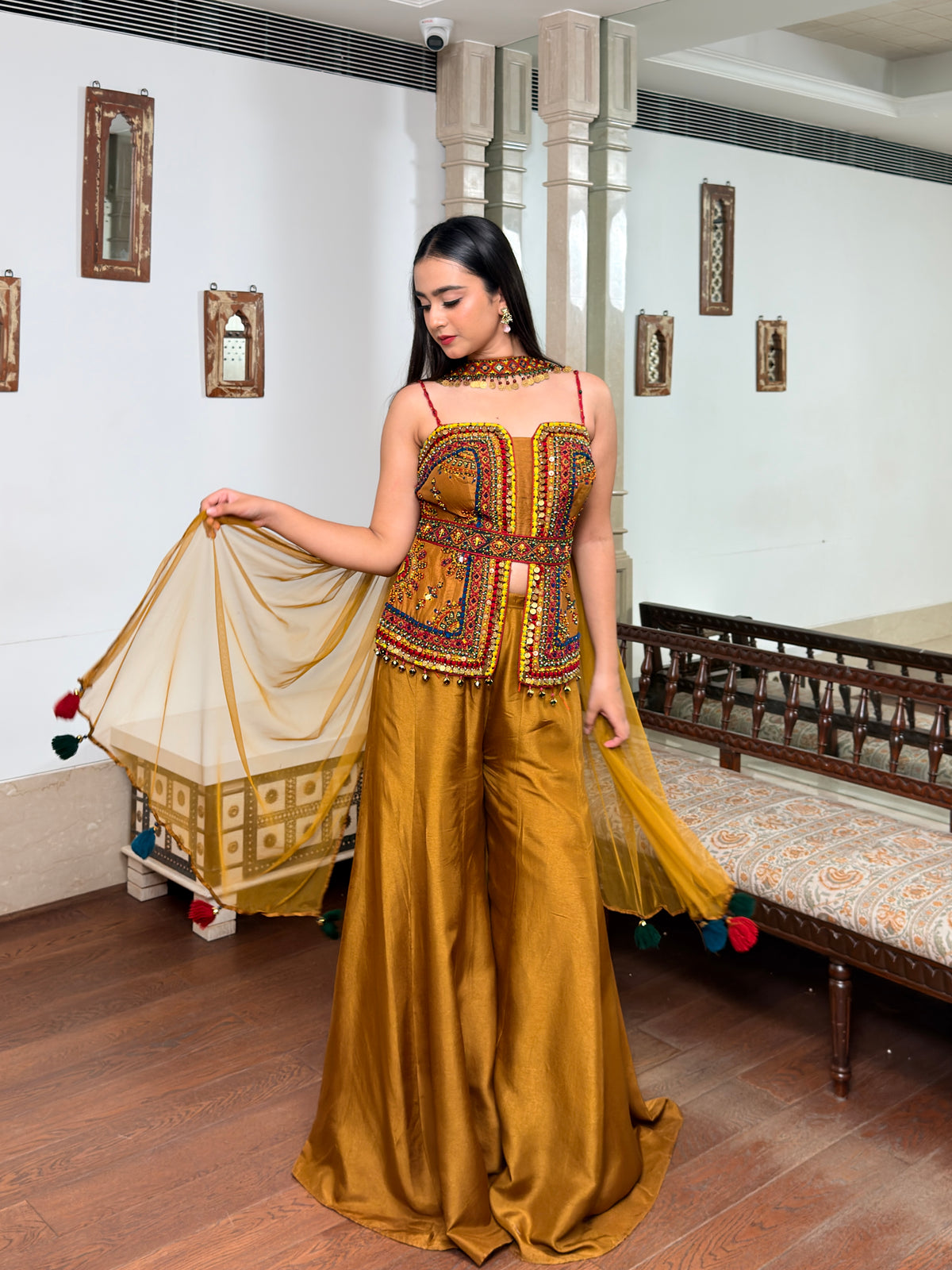 Golden Mustard Dola Silk Palazzo Set with Gujarati Coin & Bead Hand Work