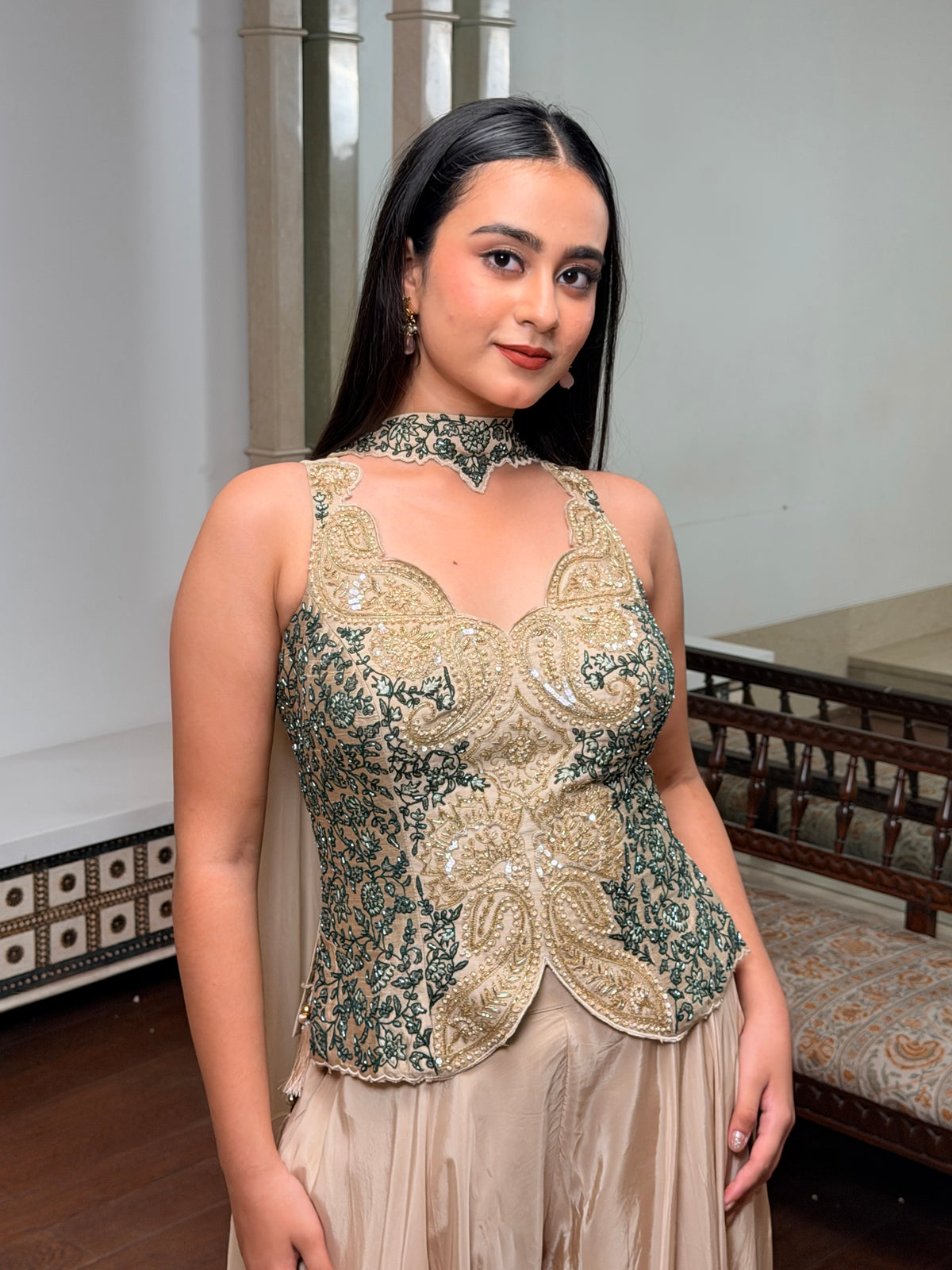 Elegant Beige Dupion Silk Palazzo Set with Emerald Paisley Embroidery & Organza Dupatta