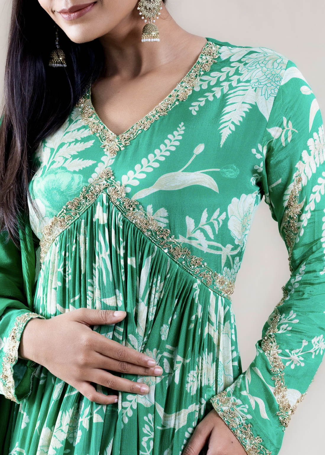 Green Printed Crepe Chinon Long Dress with Dupatta