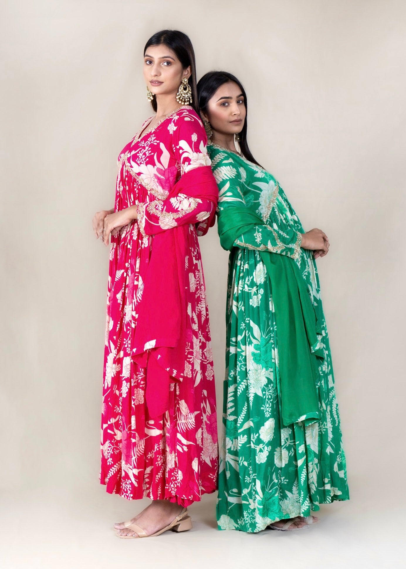 Green Printed Crepe Chinon Long Dress with Dupatta